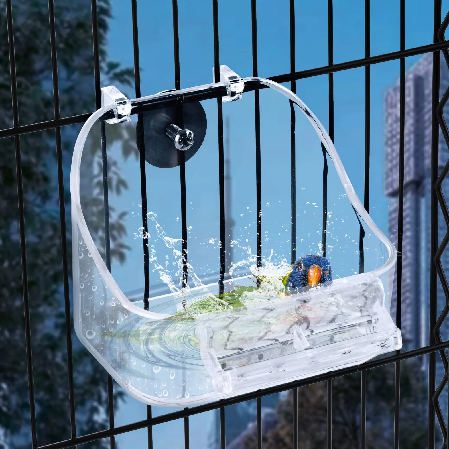 Plastikowa wanna dla ptaków wisząca z pojemnikiem na karmę dla małych ptaków