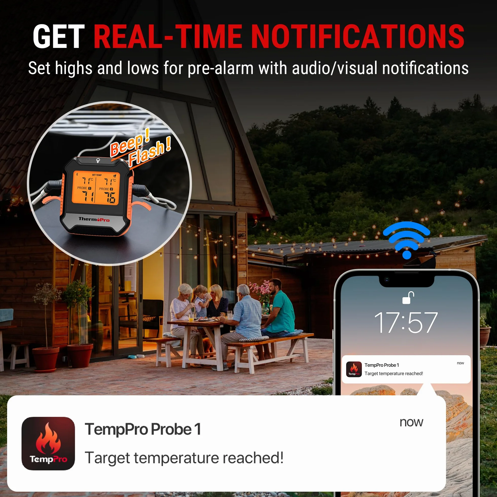 ThermoPro TempPro Termometr do mięsa Bluetooth 135m z 2 sondami, cyfrowy termometr grillowy z aplikacją, alarmem, precyzyjny do grilla, wędzarni, piekarnika, steków