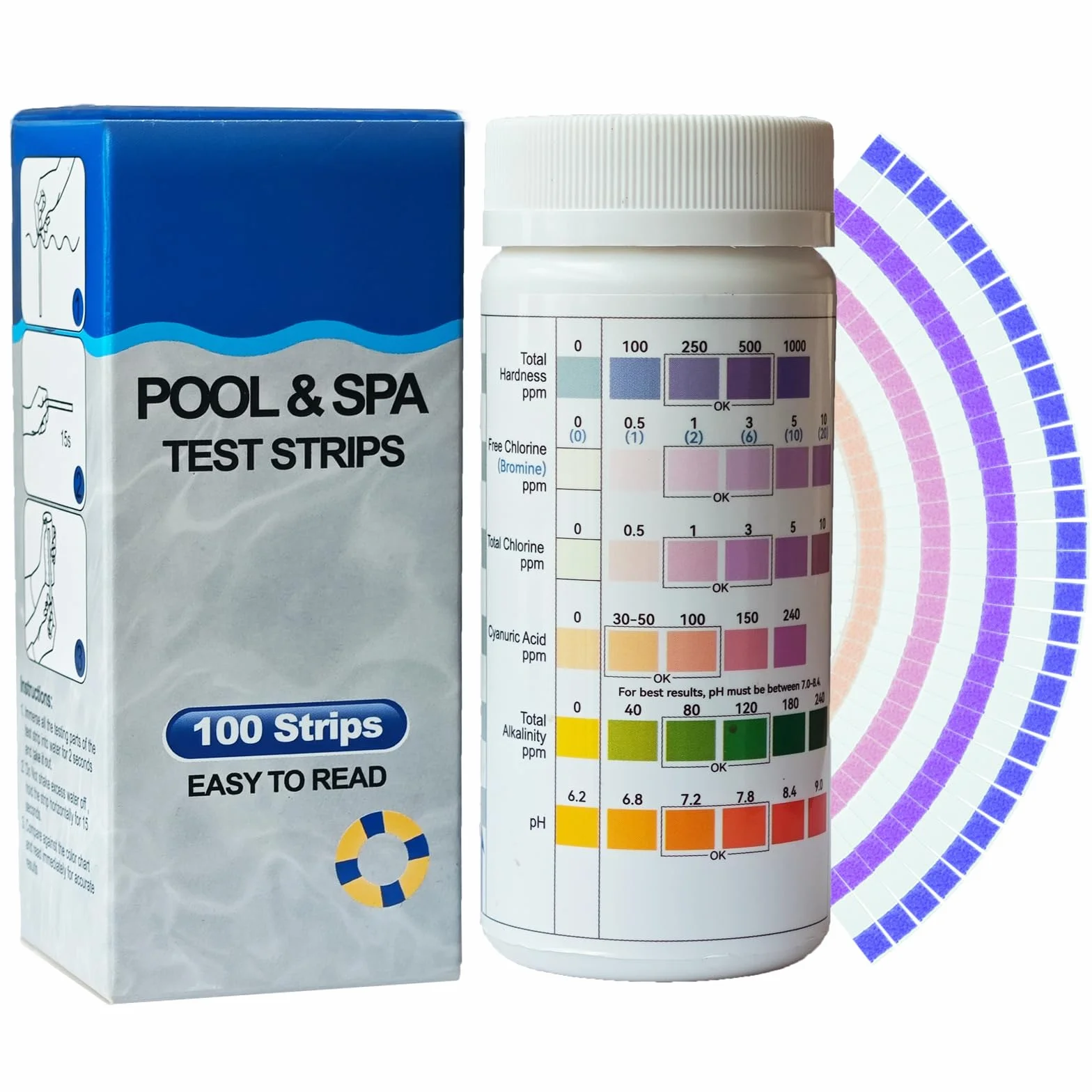Cozii Tester basenowy 3 w 1 do basenu, spa, jacuzzi 100 pasków testowych do testowania wolnego chloru, bromu całkowitej zasadowości i pH (7 w 1)