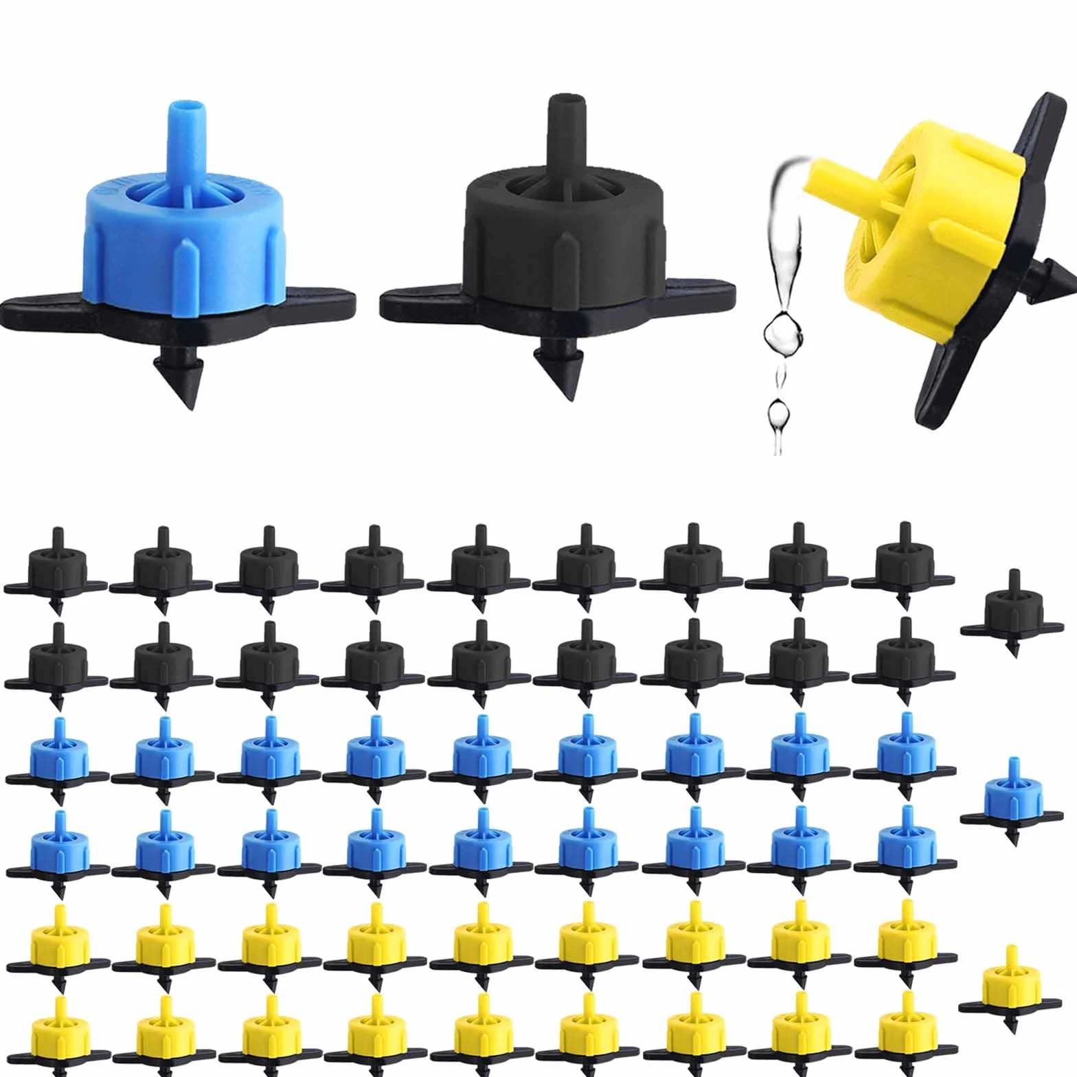 60 sztuk mikro-drip-System kroplowników z regulacją ciśnienia, 2 l/h, żółte, 4 l/h, czarne, 8 l/h, niebieskie do nawadniania w rolnictwie i prac ogrodowych