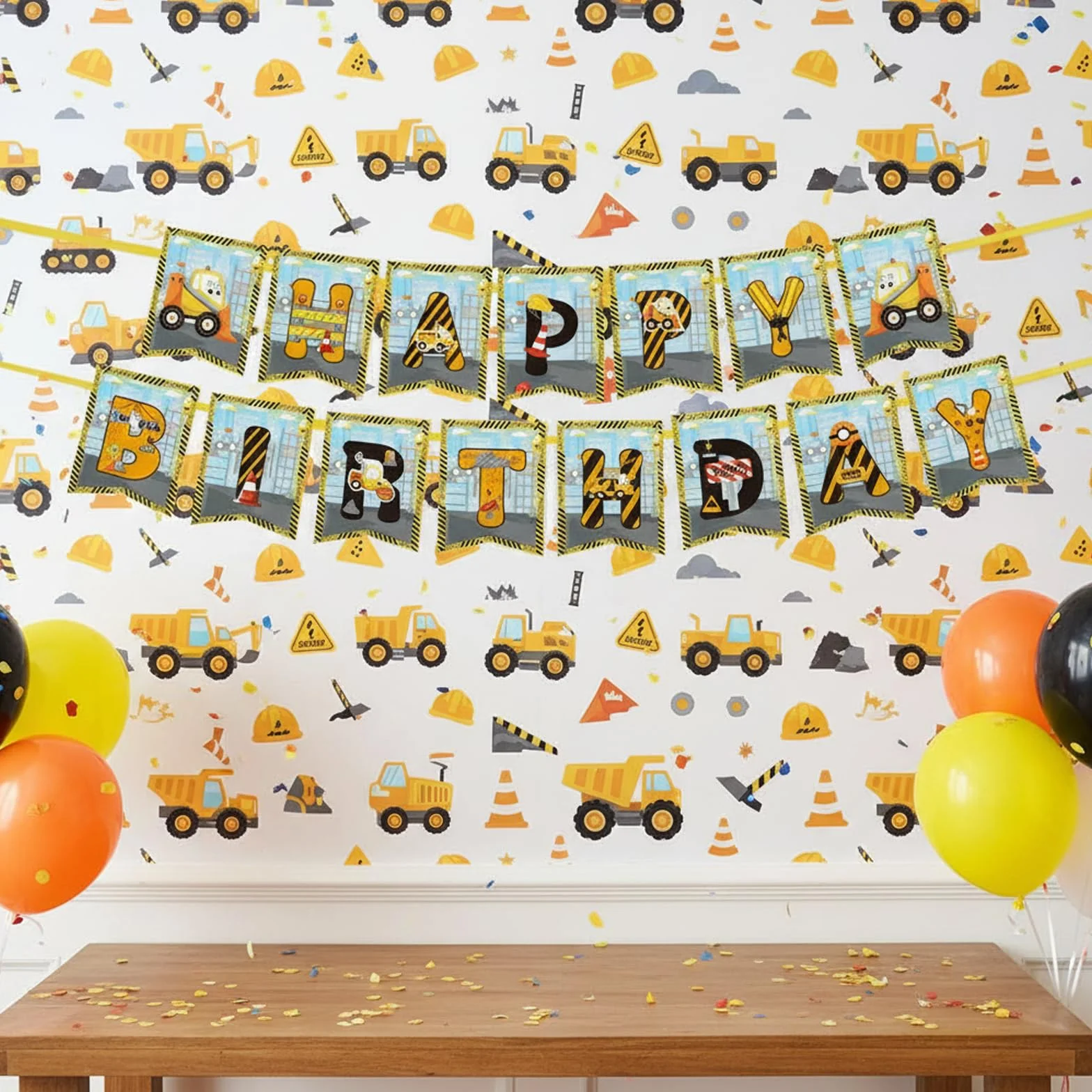 Koboko Pojazdy budowlane Happy Birthday, girlanda na plac budowy, baner imprezowy, niebiesko-czerwony żółty, 18 x 16 cm