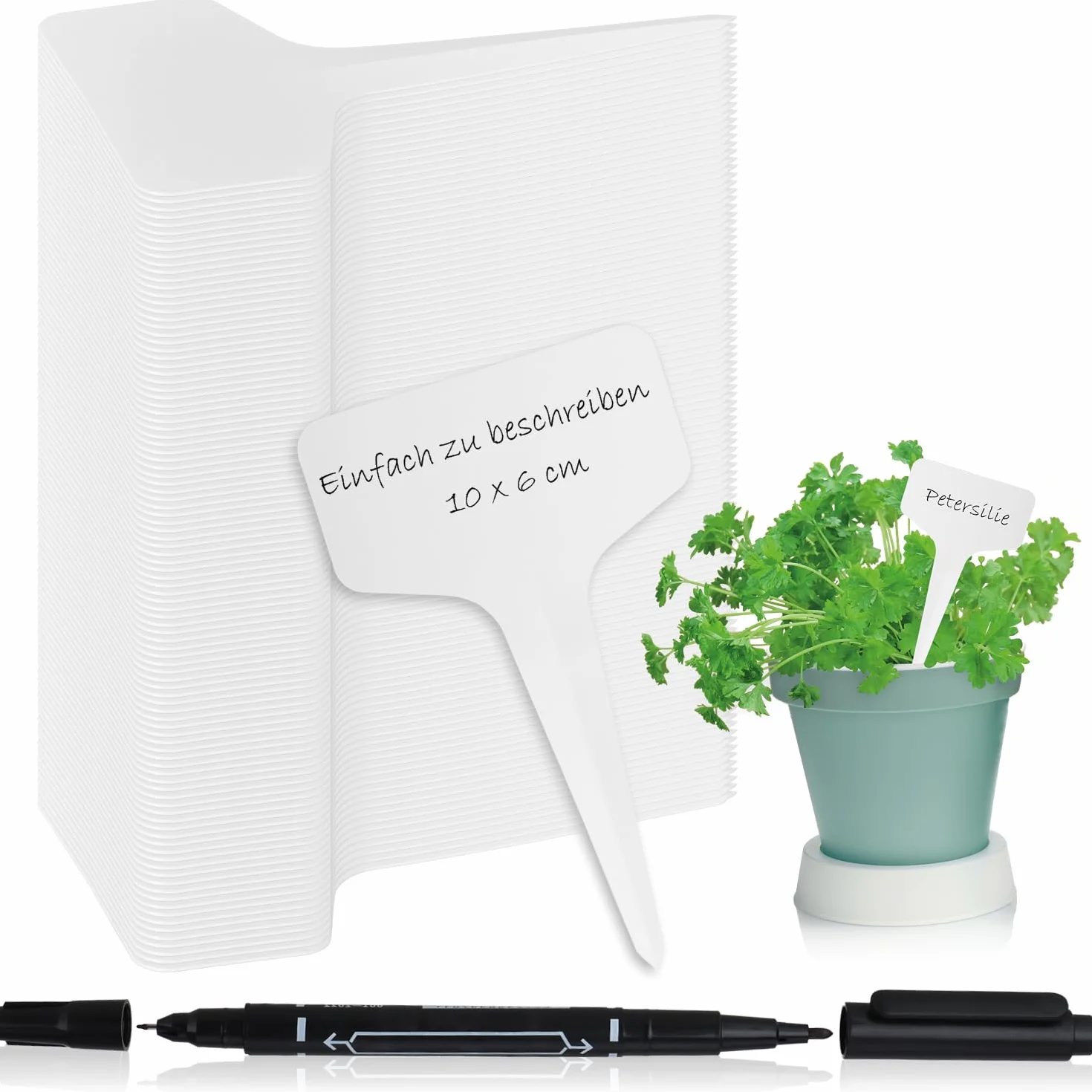 COM-FOUR® 100x tabliczki do roslin z markerami z podwójna koncówka - etykiety wtykowe 10 cm do pokojów, balkonów, ogrodów - wtyki do oznakowania roslin - wtyki uprawowe
