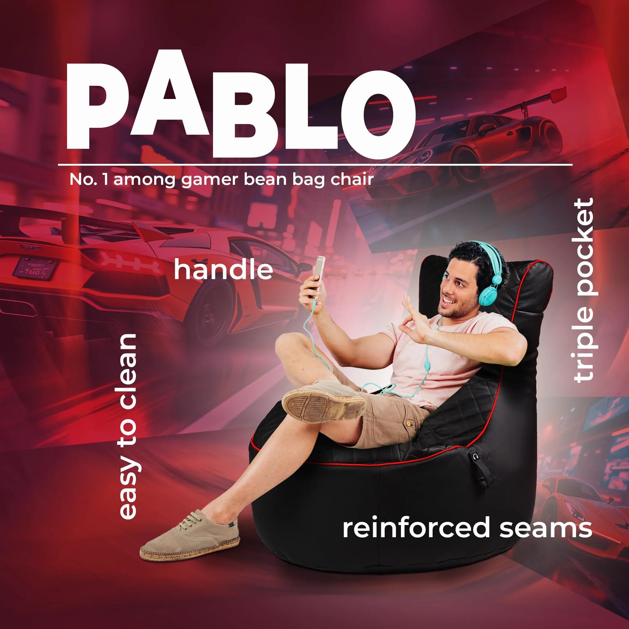 Ecopuf - Pufa Fotel Pablo - Beanbag z kieszeniami do przechowywania i uchwytem na słuchawki - Stylowa Poduszka - Worek do gier - 77x84cm, Czarno-czerwone paski