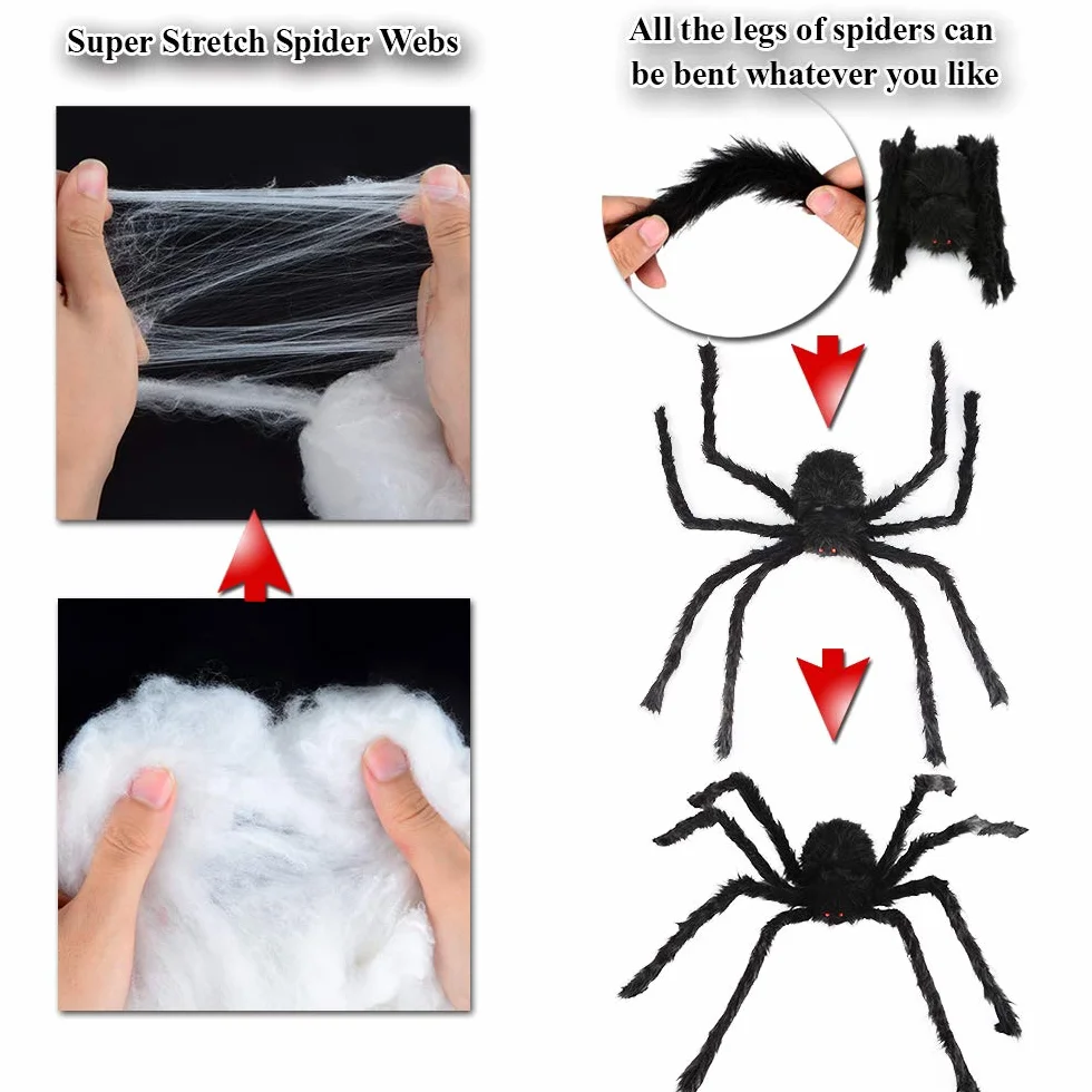 Ogromna dekoracja pająka na Halloween, 3,5 m + trzy gigantyczne pająki + 40 g rozciągliwa kolba sieciowa do dekoracji halloweenowych wewnątrz i na zewnątrz