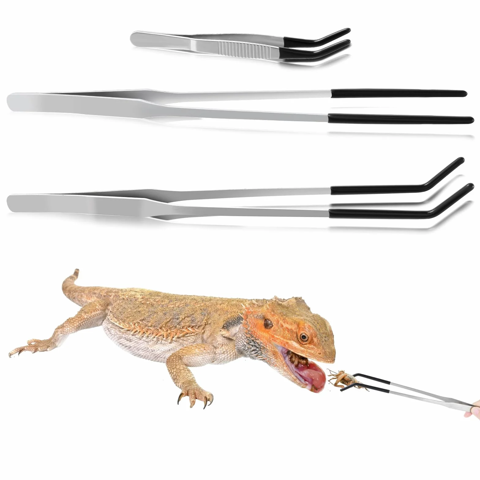 Ouligay 3 pęsety do akwarium, długie, 27 cm, ze stali nierdzewnej, szczypce do pokarmu dla gadów, prosta i zakrzywiona końcówka, długa pęseta z gumową końcówką, narzędzie do karmienia jaszczurek