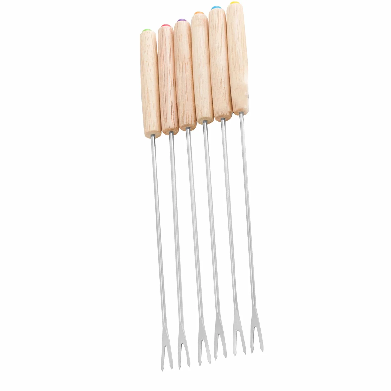 Widelce do Fondue ze Stali Nierdzewnej, Opakowanie 6 szt., Szaszłyki do Fondue Wielokrotnego Użytku, Drewniana Rączka, Idealne do Fondue Czekoladowo-serowego, Pikniki, Kemping