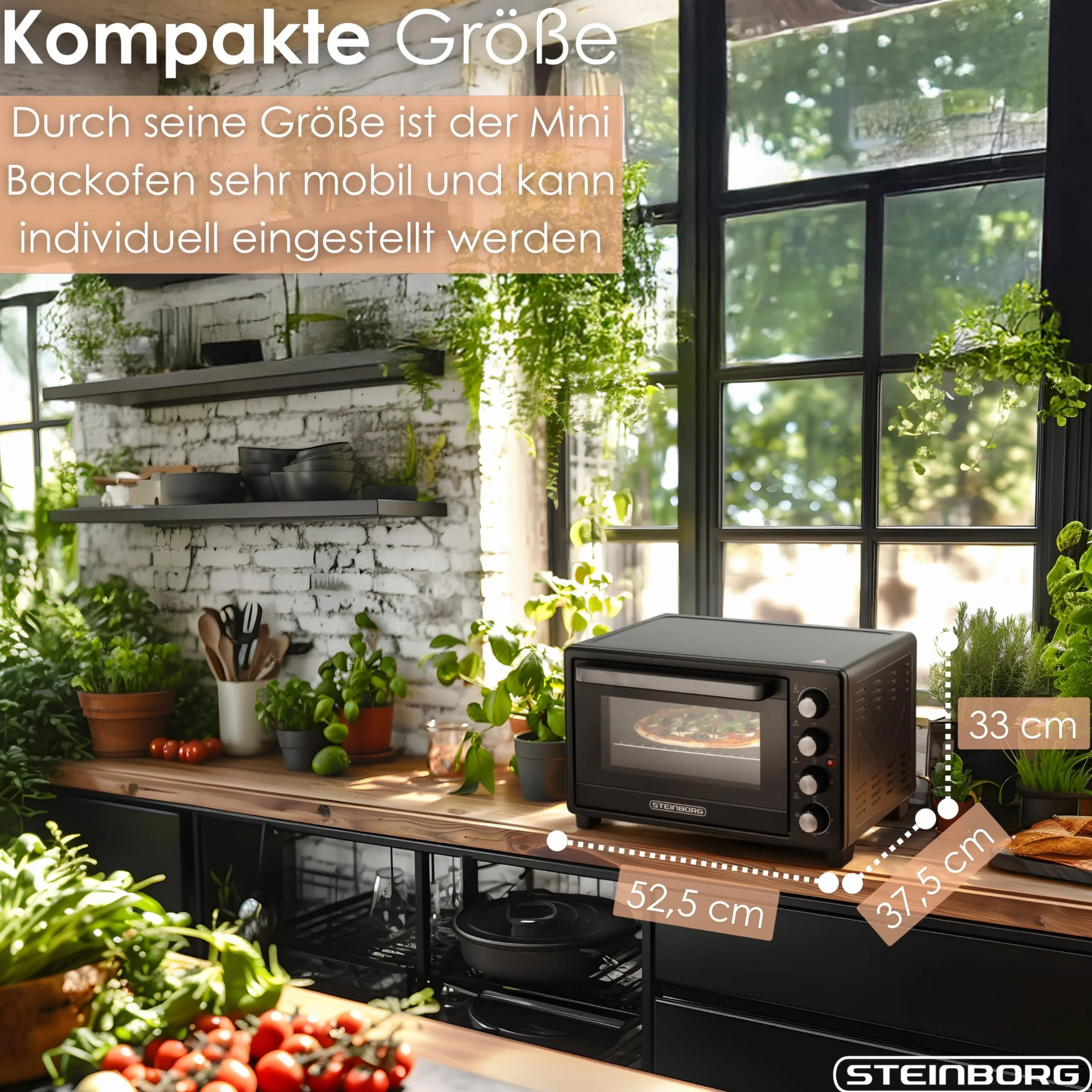 Steinborg Mini piekarnik 35 litrów z termoobiegiem i rożnem obrotowym, blacha na okruchy, grzanie górne i dolne, 1600 W, mini piekarnik z timerem, wolnostojący, bezstopniowa regulacja temperatury do