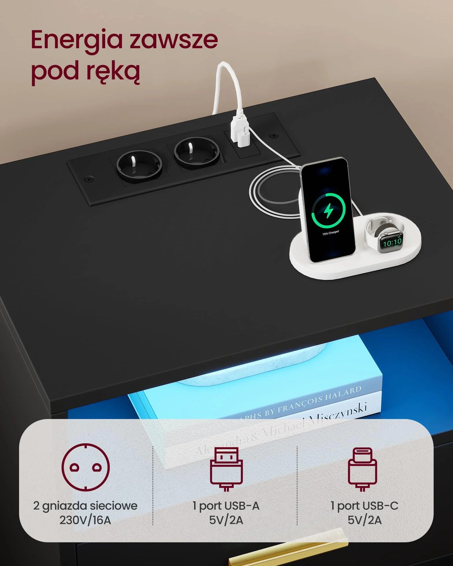 VASAGLE Kolekcja CUSTOS – stolik nocny ze stacją ładującą, zestaw 2 szt., oświetlenie LED, stolik boczny, z szufladami, 2 gniazdkami sieciowymi i portami USB, czarny atramentowy LET829BC01