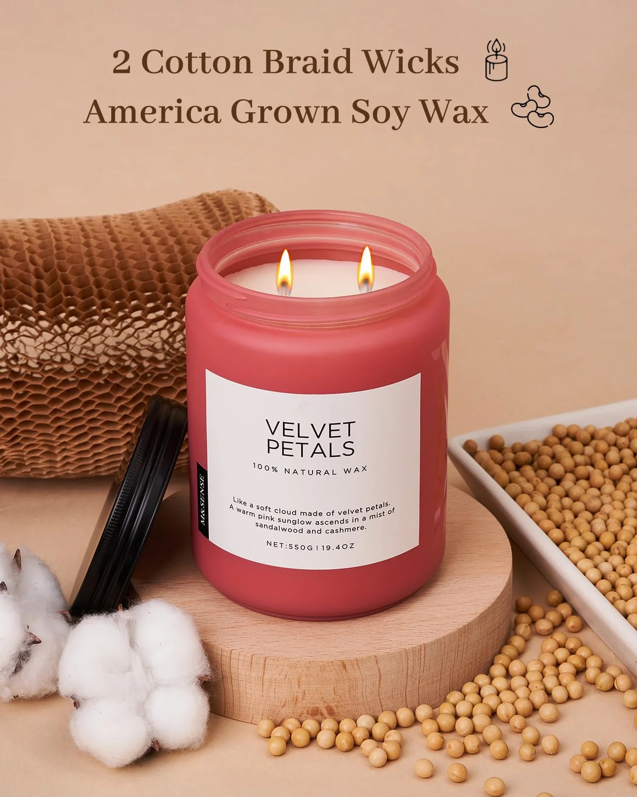 M&SENSE Świeca zapachowa Violet w szklanym słoiku 550 g naturalna, nietoksyczna świeca z wosku sojowego o czasie palenia 110 godzin, 2 knoty
