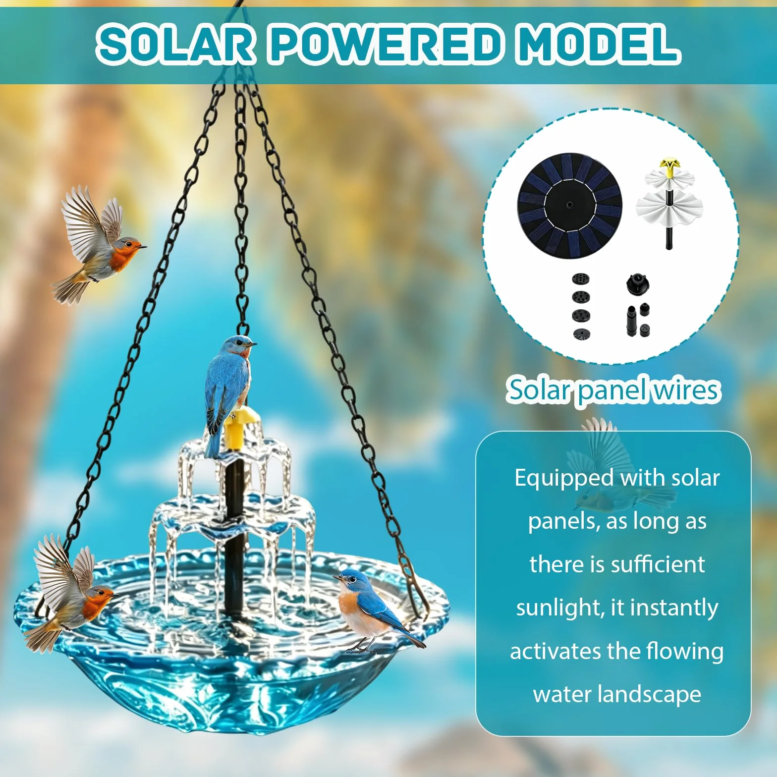 Poidło dla ptaków z fontanną słoneczną wiszące solarne do ogrodu
