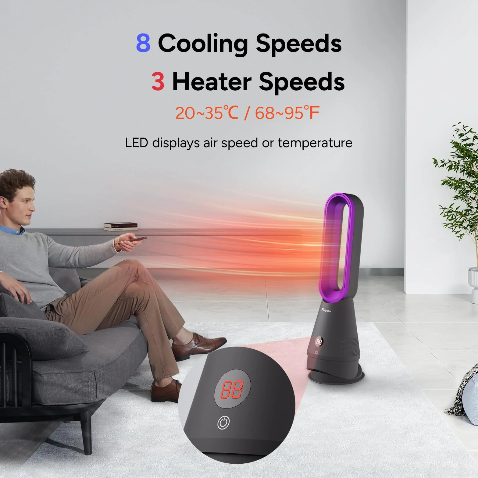 Wentylator bez łopatek 3 w 1, termowentylator i oczyszczacz powietrza, wieża oscylacyjna z pilotem zdalnego sterowania, 8 prędkości, timer 9H, cichy do domu (szary i fioletowy)