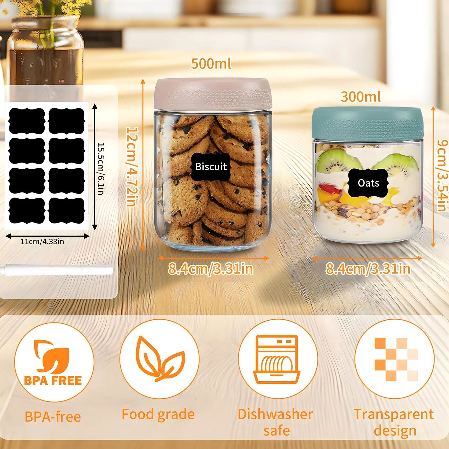 6 Sztuk Słoików na Overnight Oats, Słoiki z Zakręcanymi Wieczkami (300ml + 500ml), Słoiki do Meal Prep Nieprzepuszczające do Przechowywania Sałatek, Chutney, Jogurtu, Budyniu, Dżemu, Müsli