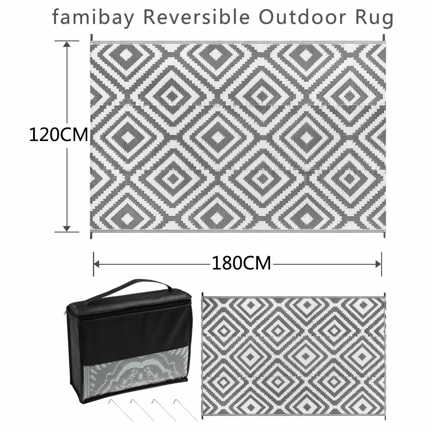 Famibay Dywan zewnętrzny Duży 120 x 180 cm Wodoodporny Zewnętrzny Zmywalny Odporny na promieniowanie UV Plastikowy Dywan Do Ogrodu, Patio, Plażi, Pikników, Kempingu, Podwórka