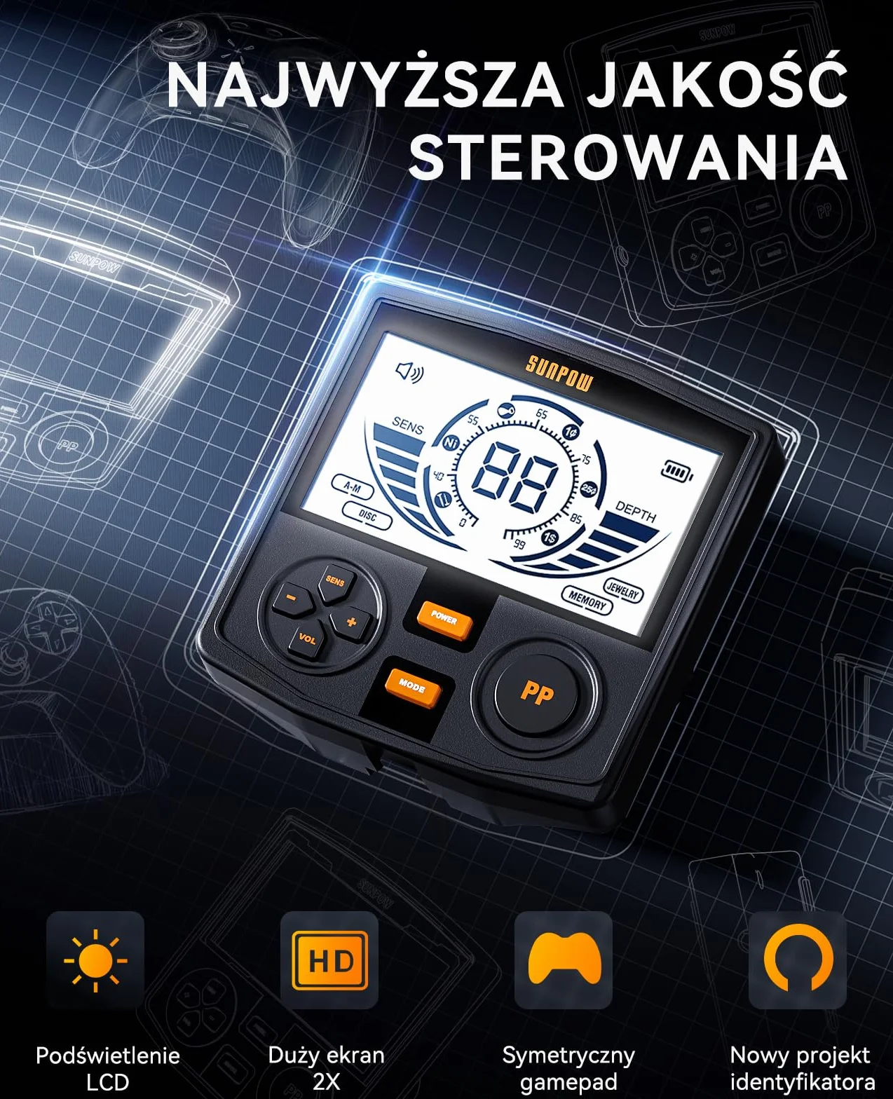 SUNPOW wykrywacz metali 2025 – 5 trybów dla dorosłych, pinpointer, wodoodporna cewka IP68 30 cm, 2× wyświetlacz HD-LCD, chip DSP, regulowany trzpień, spiralna konstrukcja, kompletny zestaw