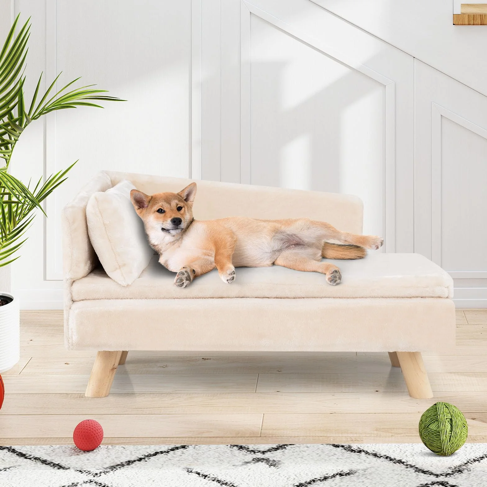 COSTWAY Luksusowa sofa dla kota, podwyższone legowisko do 50 kg, z 2 poduszkami, oparcie i drewniane nogi