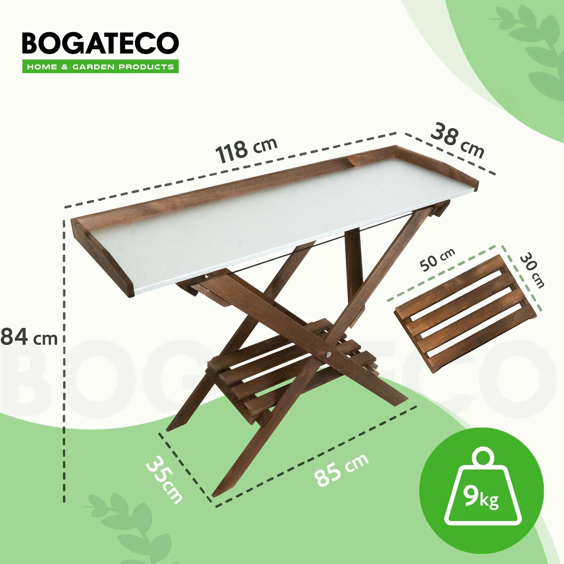 Stół do roślin 118 x 84 x 38 cm, składany, impregnowany stół na kwiaty, stół ogrodniczy z regałem, drewniany stół do roślin z ocynkowanym blatem roboczym, odporny na warunki atmosferyczne