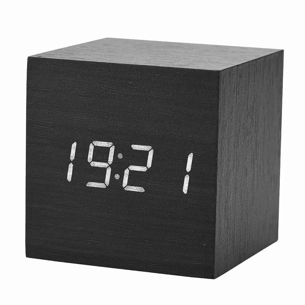 Cyfrowy Budzik LED, Drewniany Zegar w Kształcie Kostki, z Alarmami, Trybem Sterowania Głosowego, do Stolika Nocnego, Sypialni, Biura