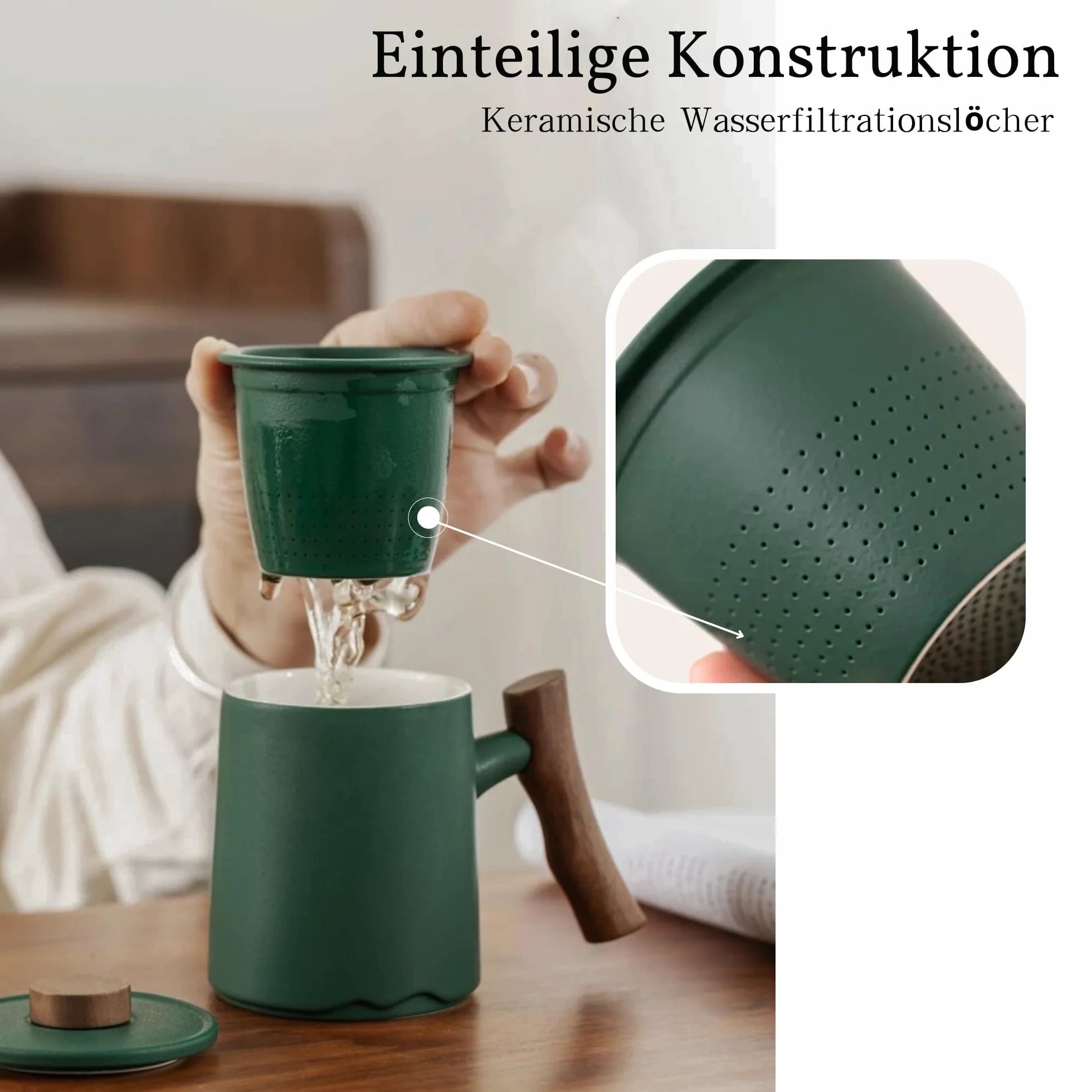 JanYoo Filiżanka do herbaty z pokrywką i sitkiem, 360 ml, uchwyt palisandru, ceramiczny kubek do herbaty, matowy, kamionkowy, glazurowane, do namaczania, zielona