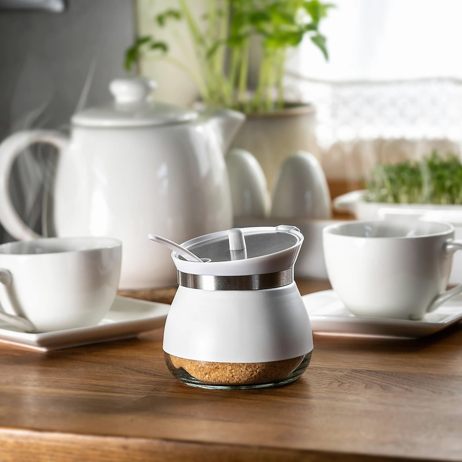 KADAX Cukiernica szklana z łyżeczką i pokrywką, 270 ml, 9x9 cm, kolor biały - elegancki pojemnik na cukier do kuchni i serwowania herbaty, szczelne zamknięcie, łatwe dozowanie