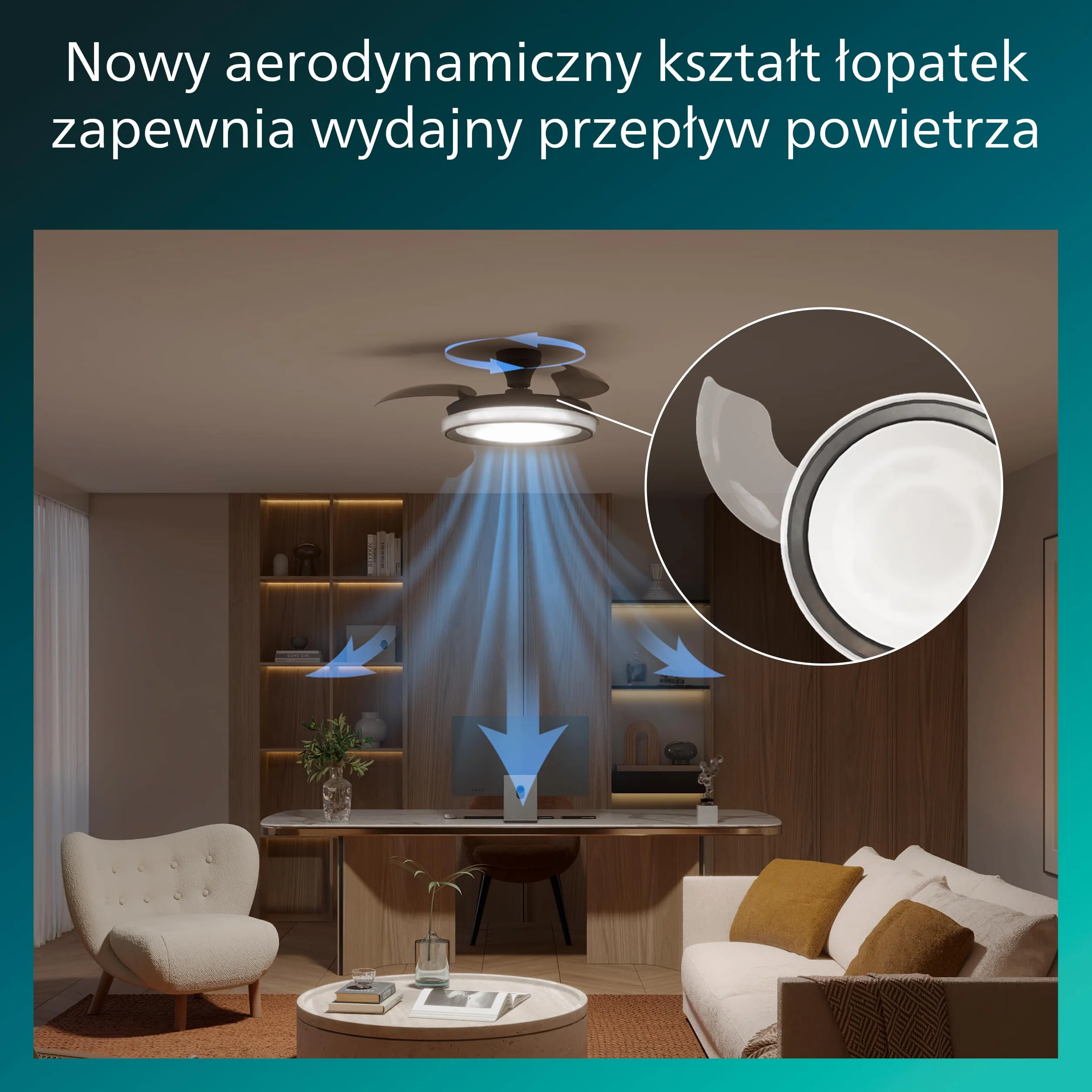 Chowany Wentylator Sufitowy Philips Bliss z Oświetleniem LED, 3 Łopatki, 106 cm, 4500 Lumenów, Regulowana Barwa 3000–6500 K, Przyciemnianie do 5%, Pilot, Czarny