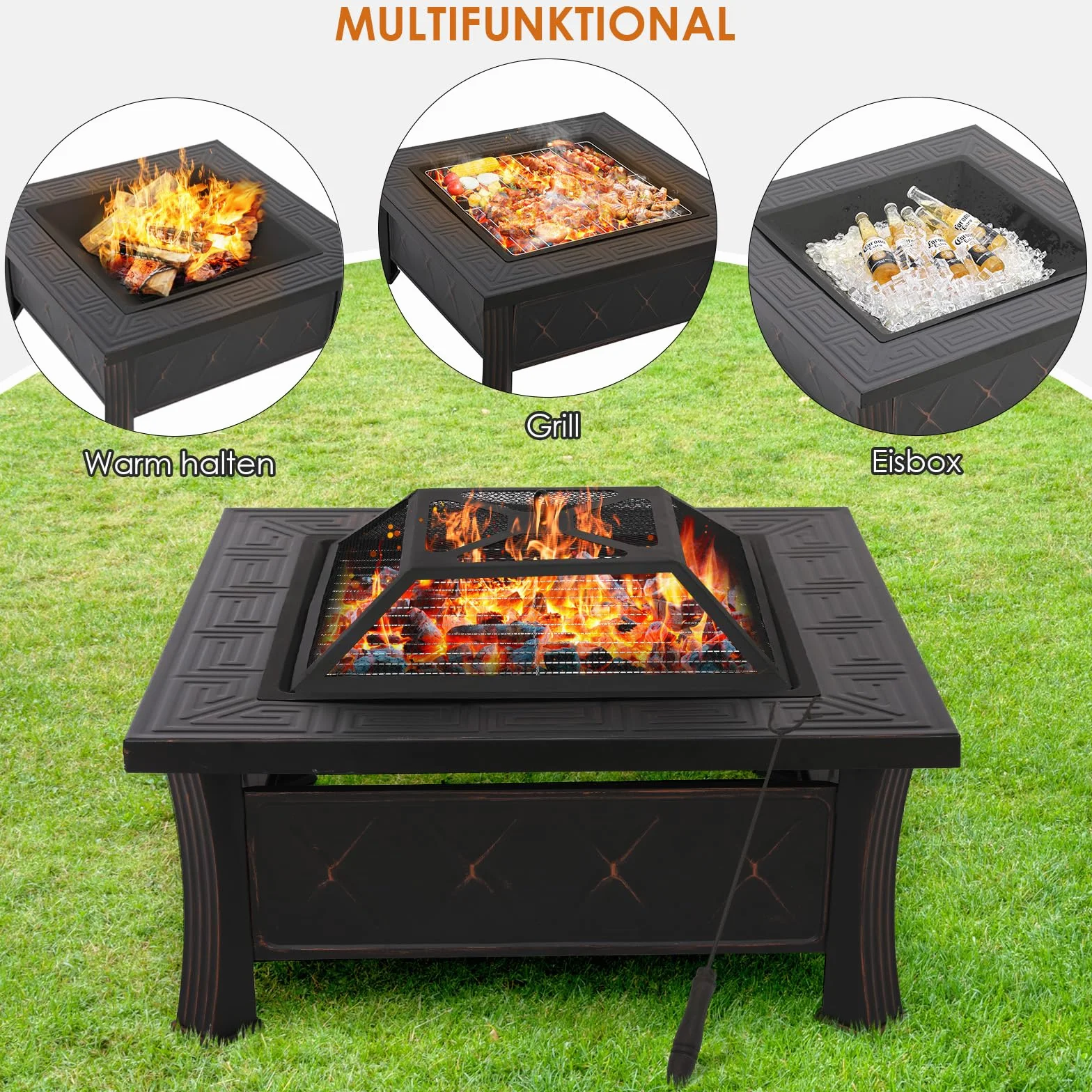 Palenisko do grillowania i ochrony przed iskrami, 3 w 1, kwadratowe z pokrywą, do ogrodu, BBQ, kempingu, ogrzewanie tarasu, 81x81x51 cm