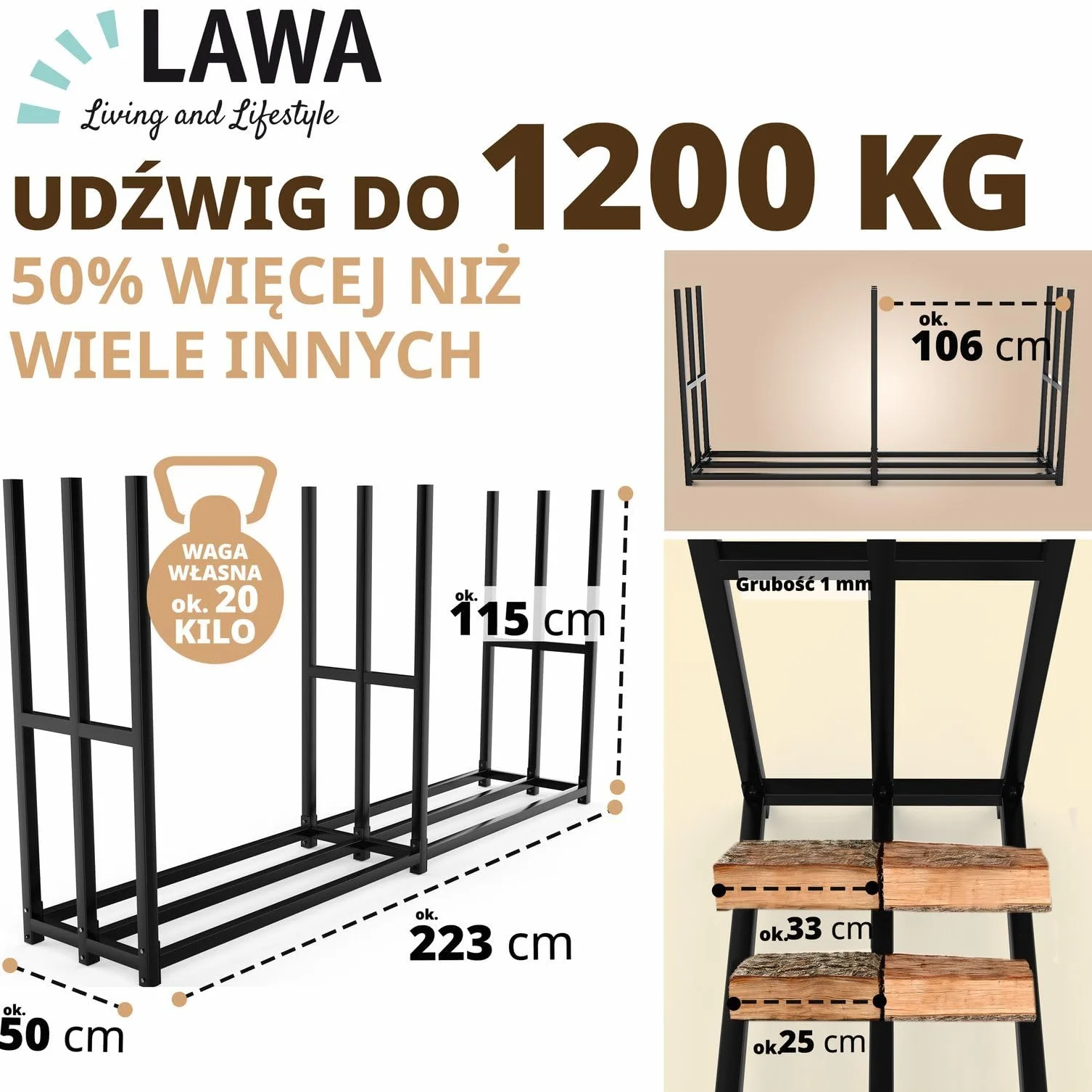 Metalowy regał na drewno kominkowe, 223 × 50 x 115 cm, ocynkowany, do użytku na zewnątrz, do układania drewna opałowego, ogrodu, tarasu, 25 cm, 33 cm, 50 cm, kolor czarny