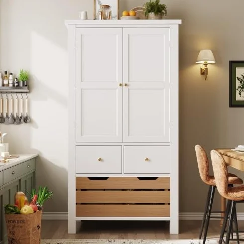 vutizal Biała szafka kuchenna z 2 drzwiami i 5 szufladami, wysoka kredens, szafka do przechowywania do kuchni i salonu, 80 x 40 x 140 cm