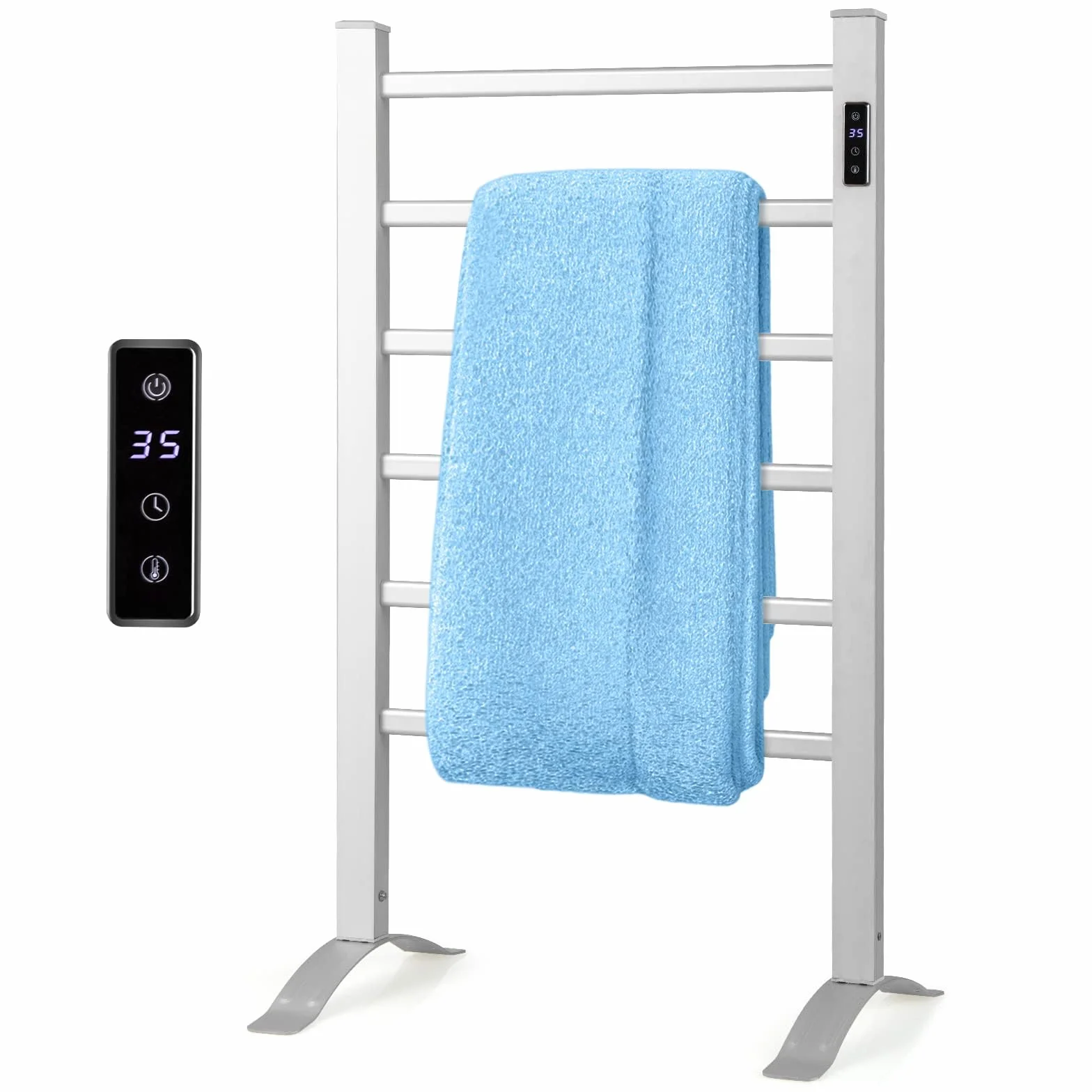 COSTWAY Podgrzewacz na ręczniki 100 W, wieszak na ręczniki, grzejnik aluminiowy, 10 min do 60°C, timer 8 h i ochrona przed przegrzaniem, z wyświetlaczem LED (54 cm x 35 cm x 91 cm)