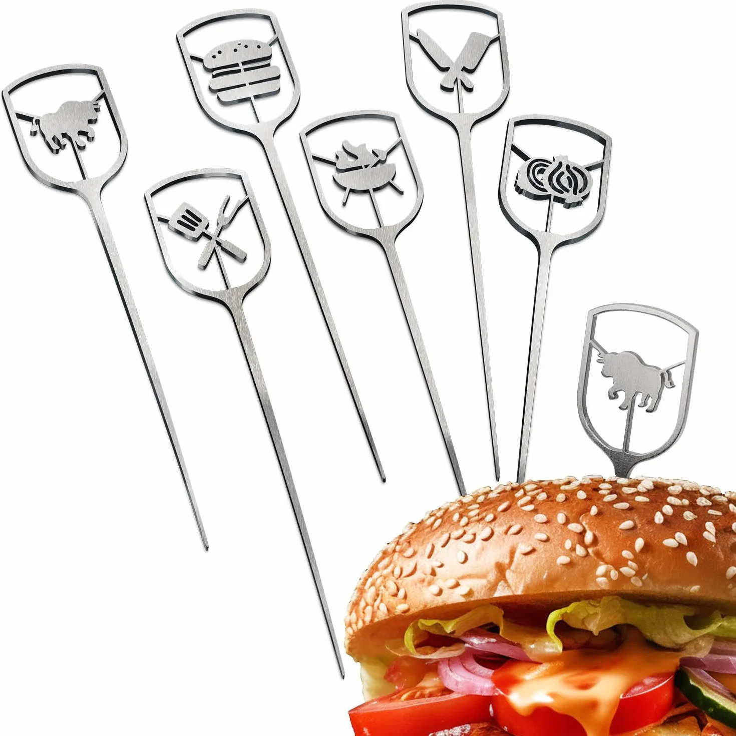 6x szaszlyki do burgerów ze stali nierdzewnej - szaszlyki metalowe z szeroka, dziurkowana powierzchnia chwytna - szaszlyki grillowe - szaszlyki do serwowania (06 sztuk)