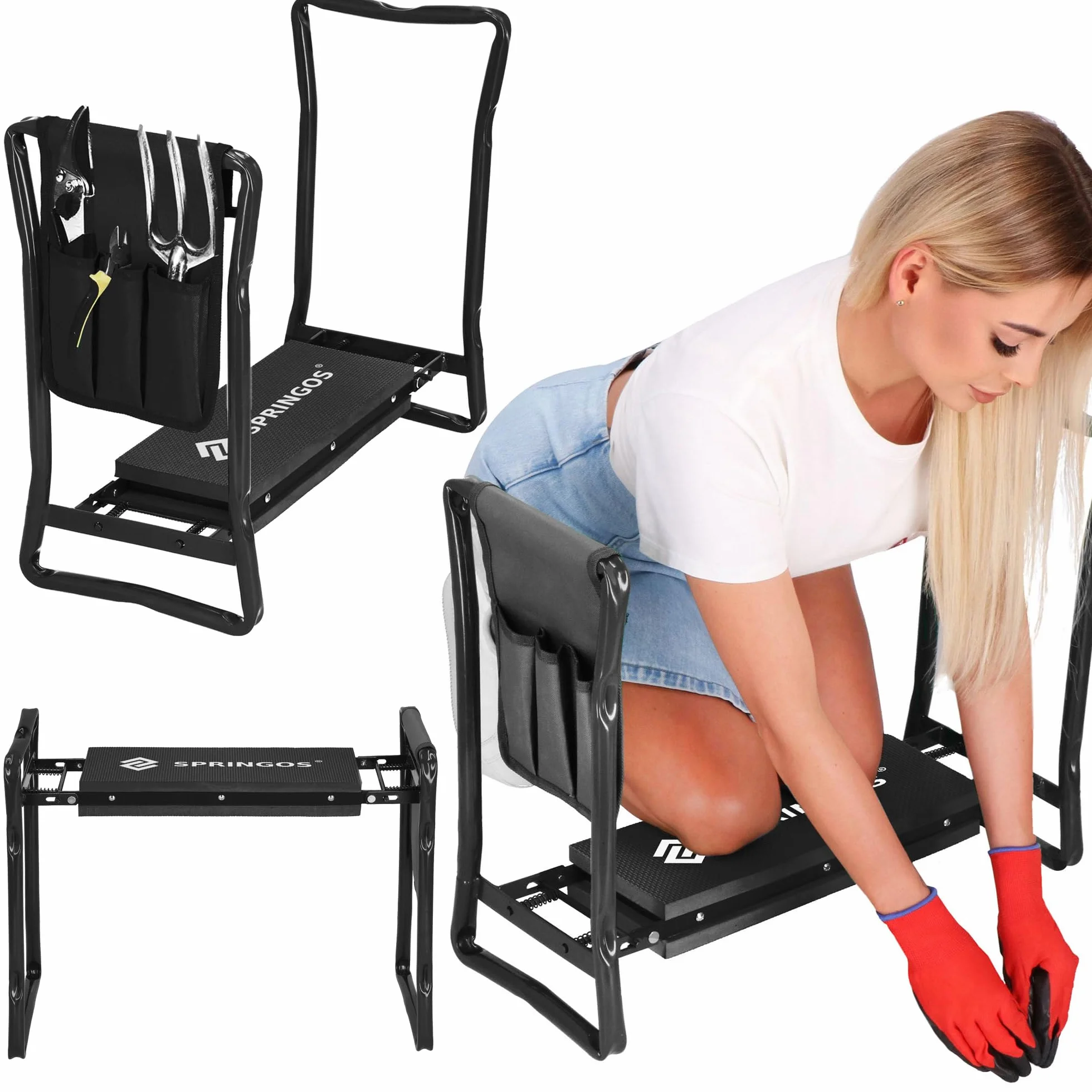 SPRINGOS Składany taboret ogrodowy 3 w 1 – ławka na kolana i taboret do siedzenia z torbą na narzędzia – ergonomiczne podparcie siedziska i kolana – stabilny i odporny