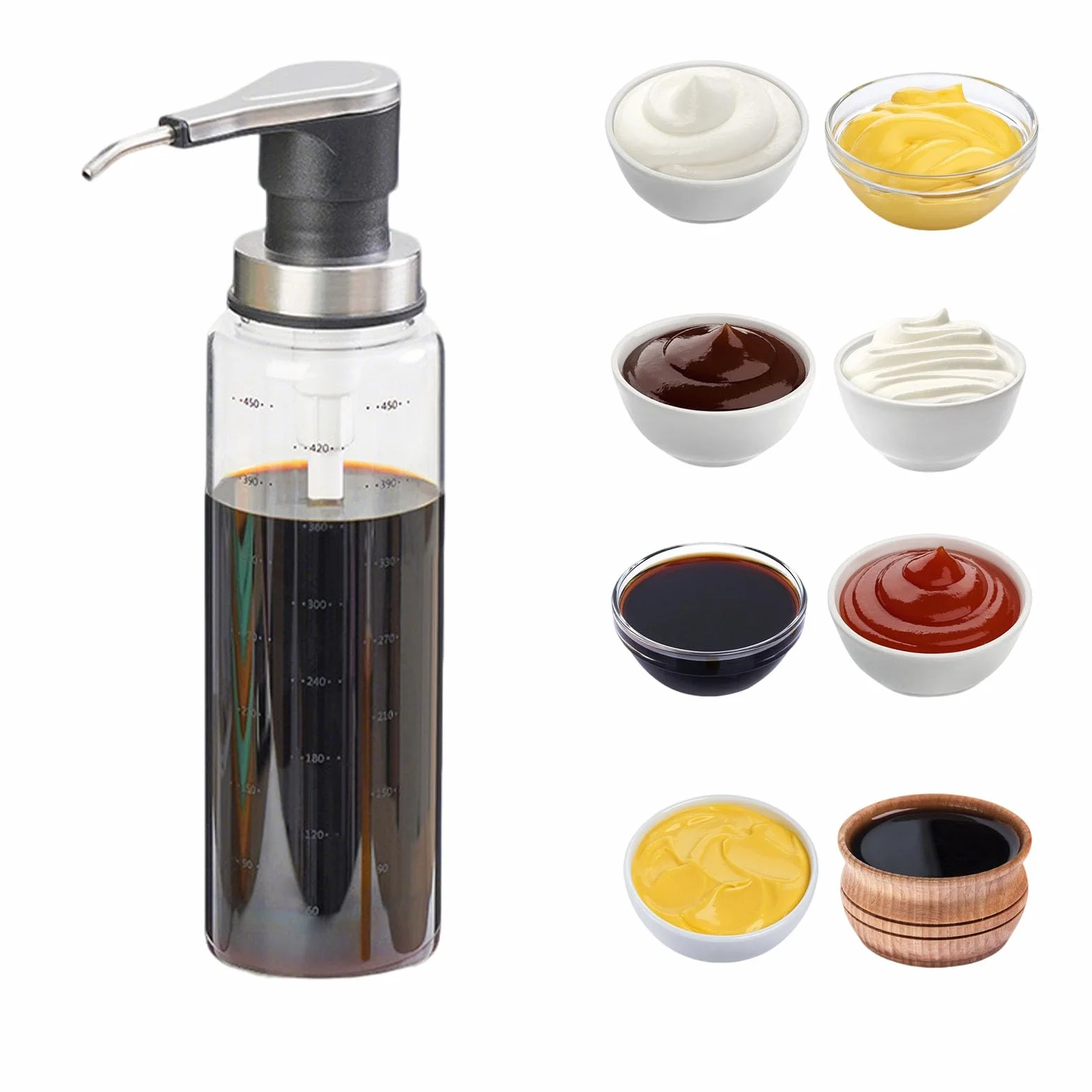 Szklana butelka na sosy, dozownik keczupu 500 ml, butelki na sosy z 304 pompkami ze stali nierdzewnej, dozownik syropu z liniami skórki, dozownik sosu do sosu ketchupowego, sosu sałatkowego