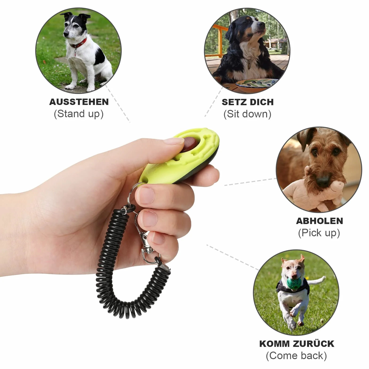 Toozey Clicker dla psów, 5 sztuk clicker z paskiem na rękę, klik z dużym przyciskiem, 5 kolorów, bonusowy e-book (biały + szary + różowy + niebieski + zielony)