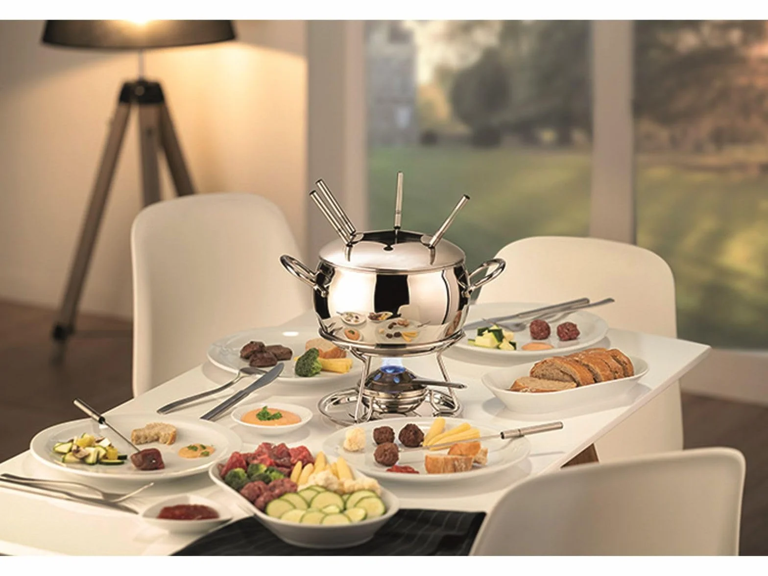 APS 65060 Zestaw do fondue i szczypce do fondue, garnek do fondue, pokrywka ze stali nierdzewnej, polerowana na lustro, chromowana, chochla, na ok. 2,2 l.