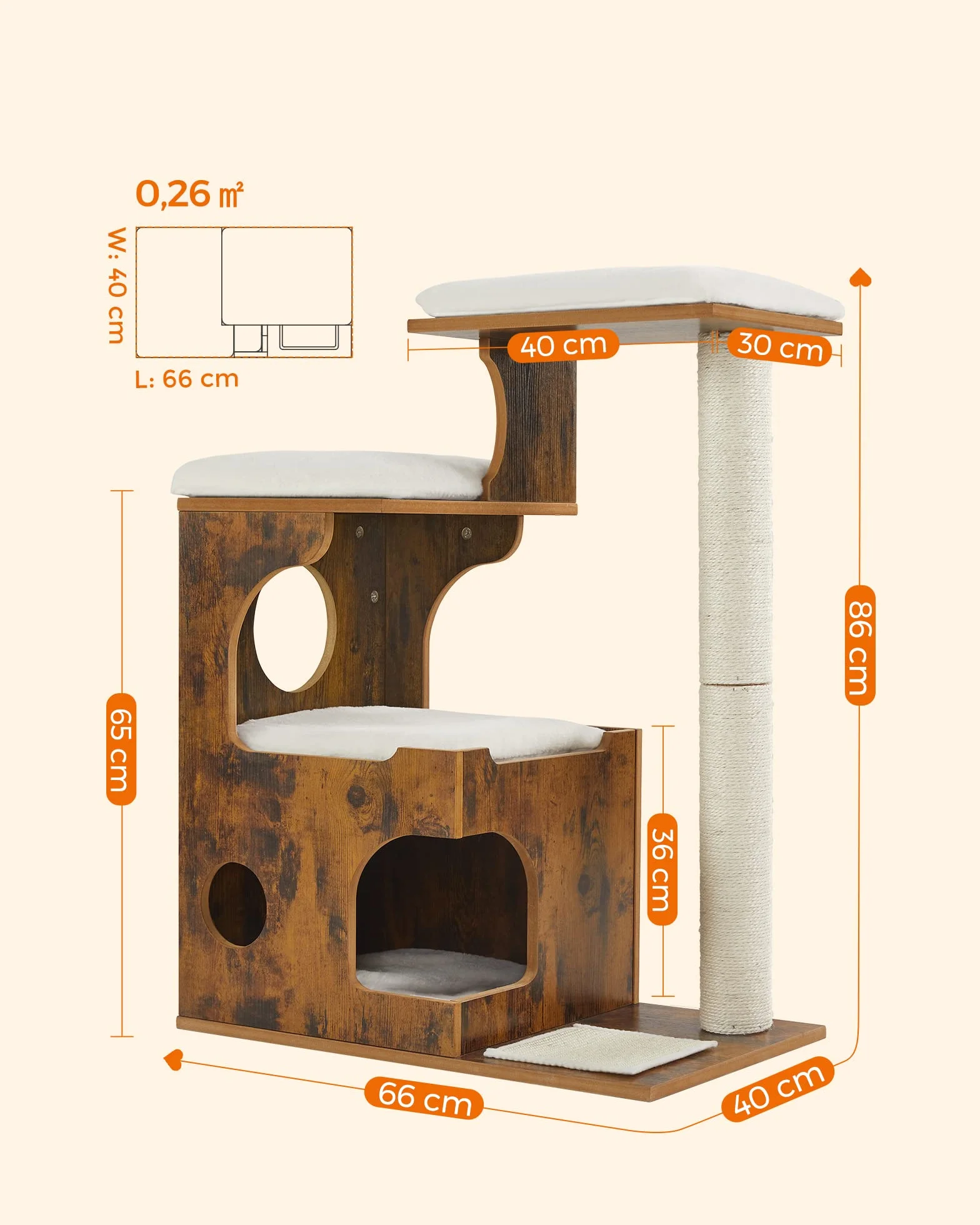 FEANDREA Drapak 86 cm, średniej wielkości drapak dla kota z 3 powierzchniami do leżenia i jaskinią, drapak z MDF z okleiną drewnianą, pień sizalowy, zmywalne pluszowe podkładki, vintage brązowo-biały PCT70HW