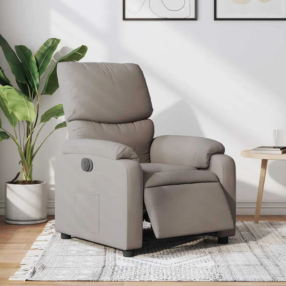 Fotel relaksacyjny, elektryczny, szarobrązowy, z regulowaną funkcją leżenia i wyściełanym oparciem, ergonomiczny fotel telewizyjny z podłokietnikami, kieszeń boczna