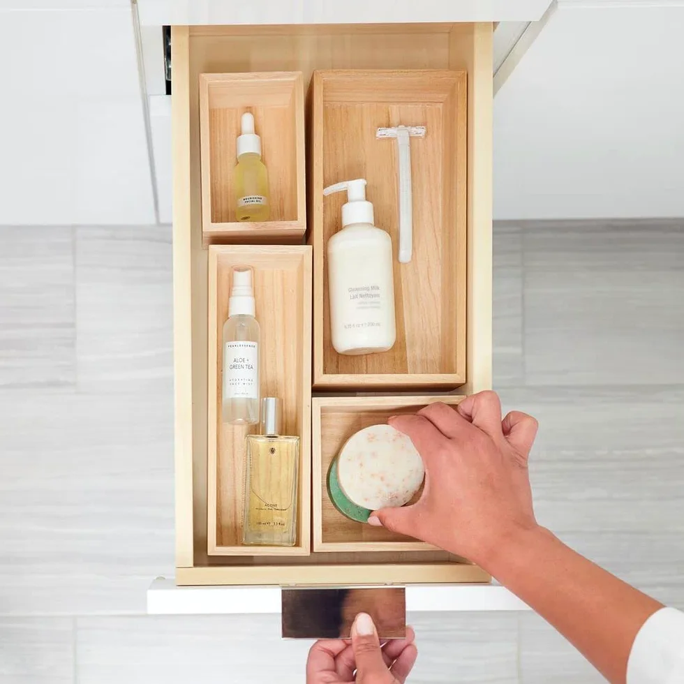 iDesign EcoWood Organizer do szuflad, drewniana wkładka do szuflady kuchennej, organizer do szuflad kuchennych na sztućce i przybory, beżowy, 12,7 x 8,5 x 6,9 cm