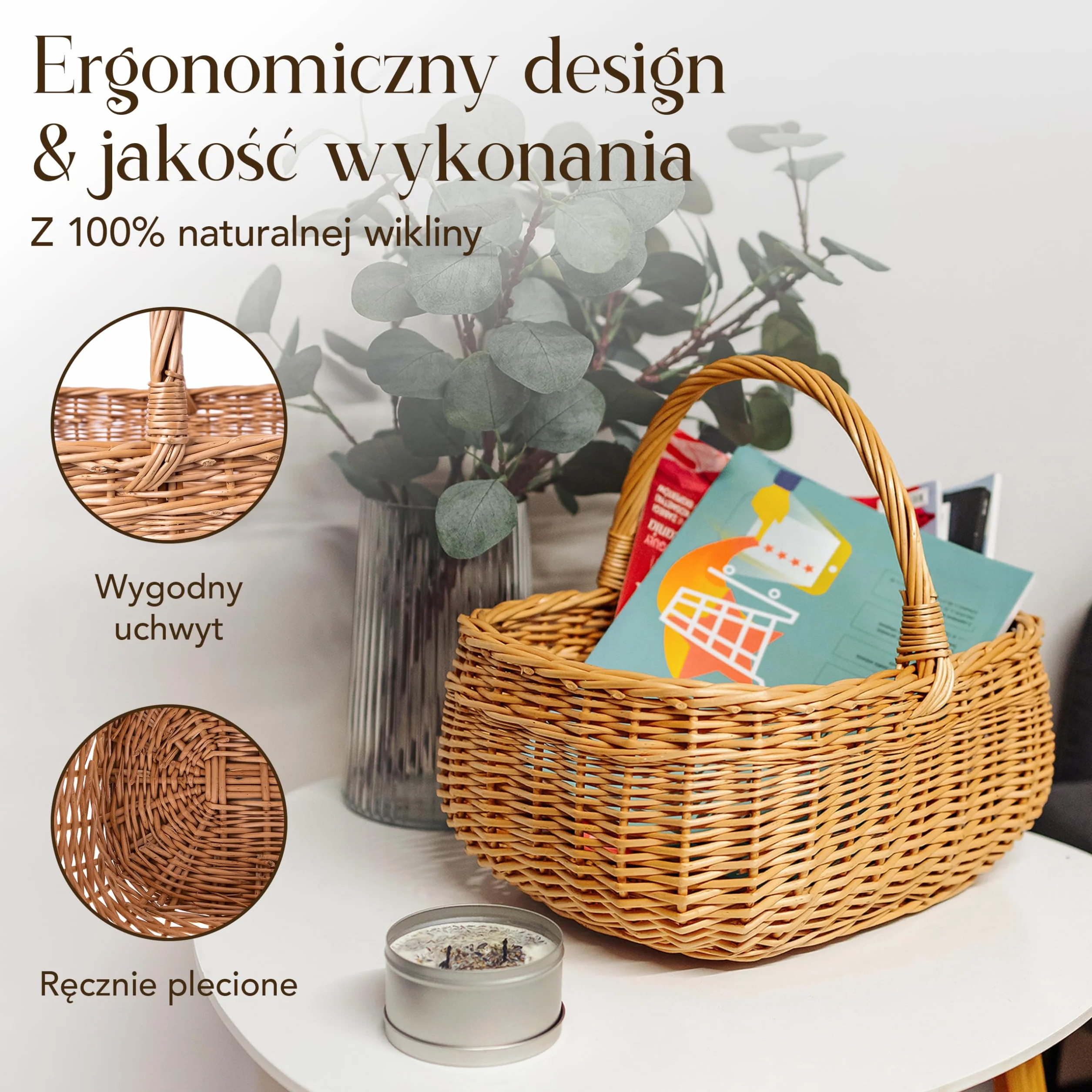 Creative Home Kosz Wiklinowy Piknikowy z Rączką | 36 x 27 x 32 cm (+/- 2 cm) | Duży i Lekki | Ręcznie Wyplatany | Naturalny Brąz | Uniwersalny i Wytrzymały