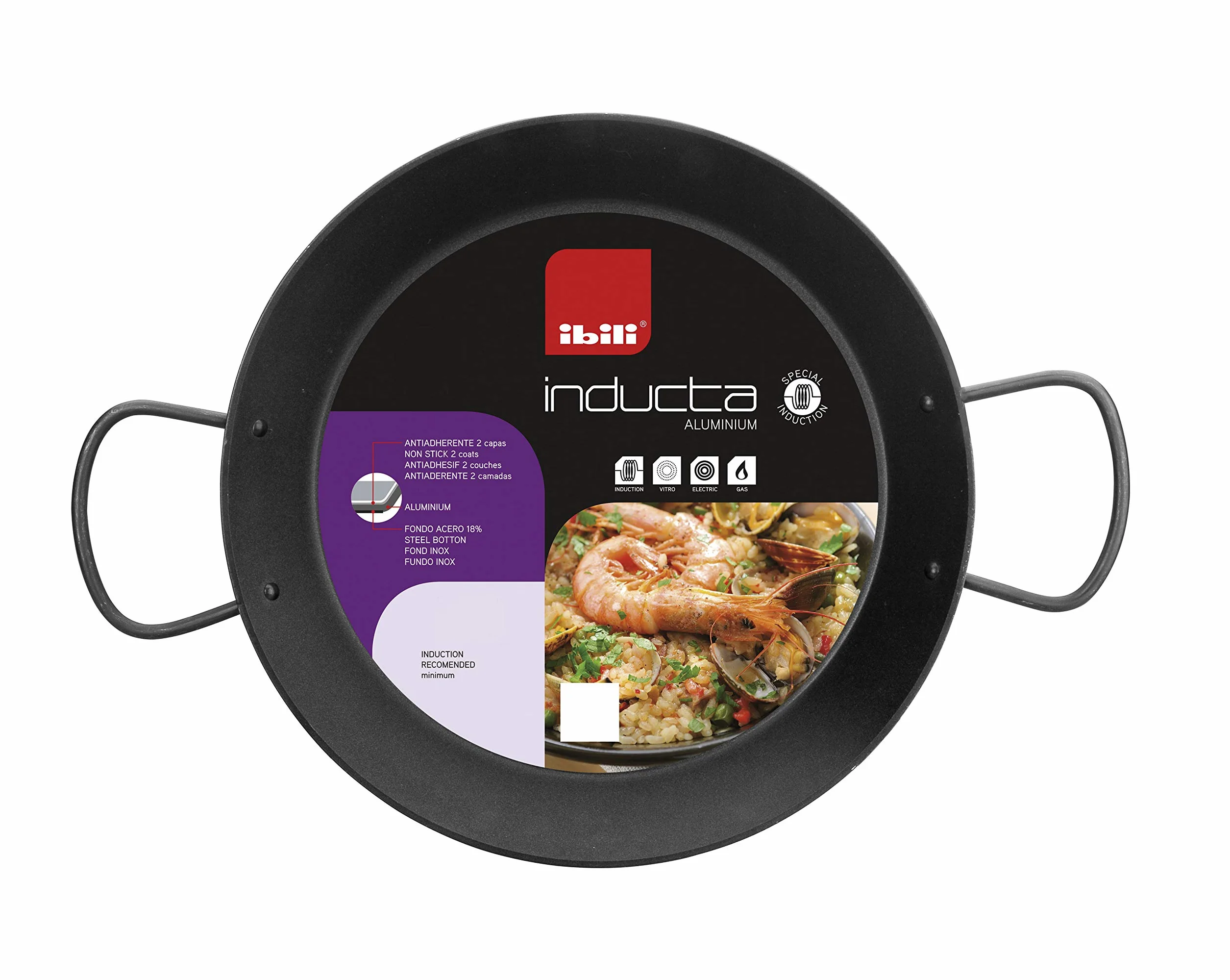 Ibili Patelnia do paelli Inducta, 34 cm, aluminium, powłoka zapobiegająca przywieraniu, 6 porcji, odpowiednia do płyty indukcyjnej