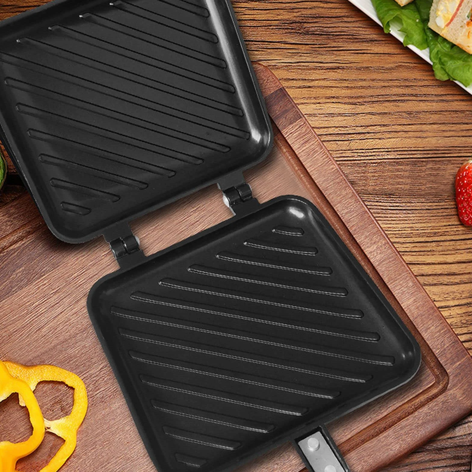 Opiekacz do Kanapek śniadaniowych, Nieprzywierający Toster do Kanapek Panini, Dwustronna Blacha do Pieczenia, Łatwy Uchwyt, Wzór Siatki, Idealny dla Kuchni, Picników i Innych Przypadków.