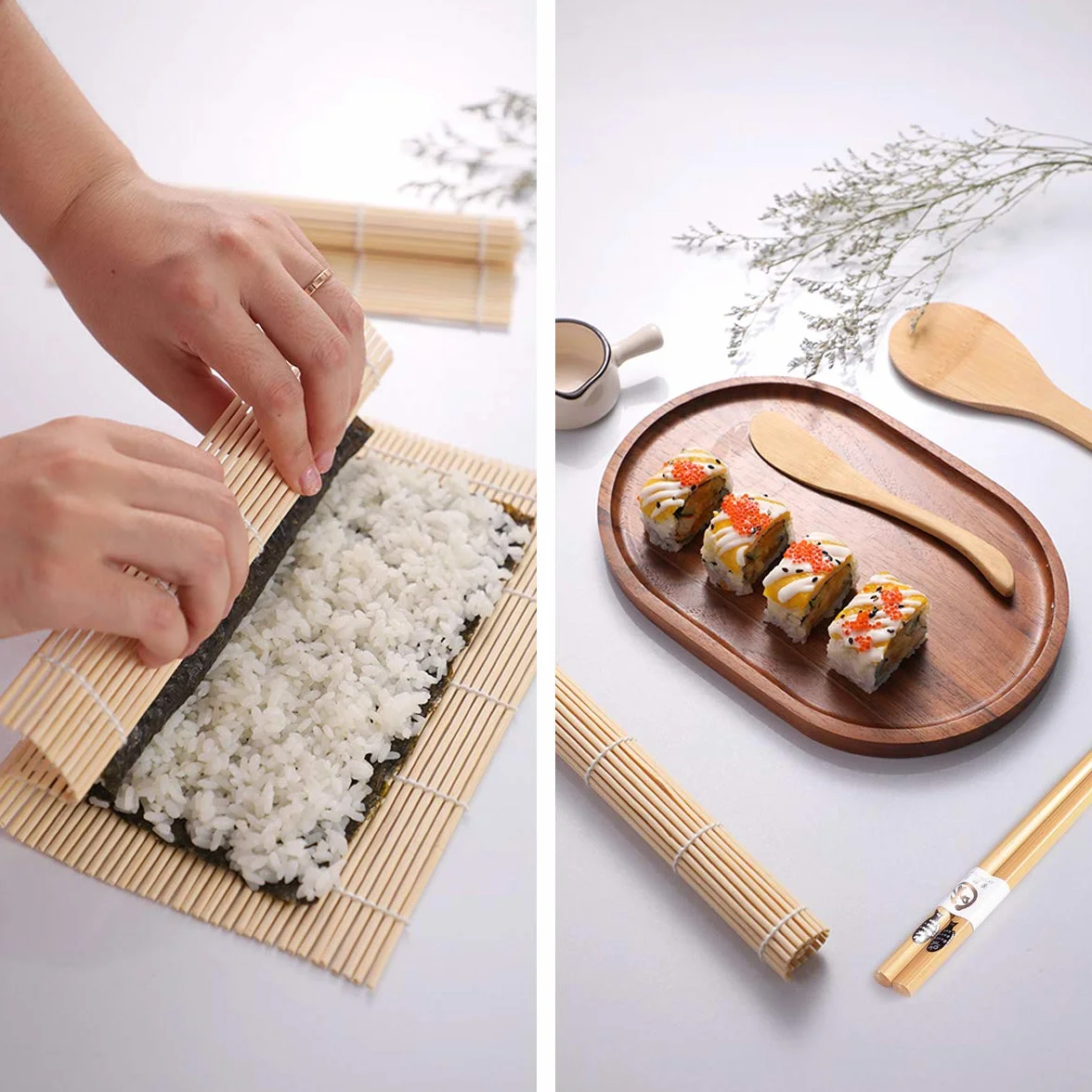 Kompletny Zestaw do Sushi - 10 Bambusowych Elementów, 2 Maty, Łyżka do Ryżu, Nóż, 5 Par Pałeczek, Woreczek z Tkaniny - DIY