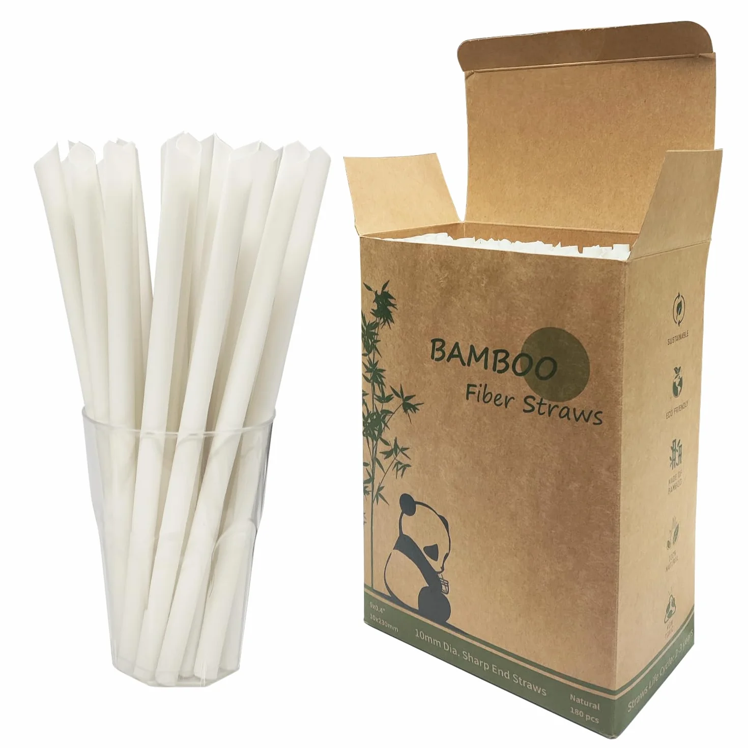 10 mm słomek bambusowych Boba, 180 sztuk Szerokie słomki z włókna bambusowego Jednorazowe słomki Jumbo Smoothie Bubble Tea do picia na ciepło i na zimno