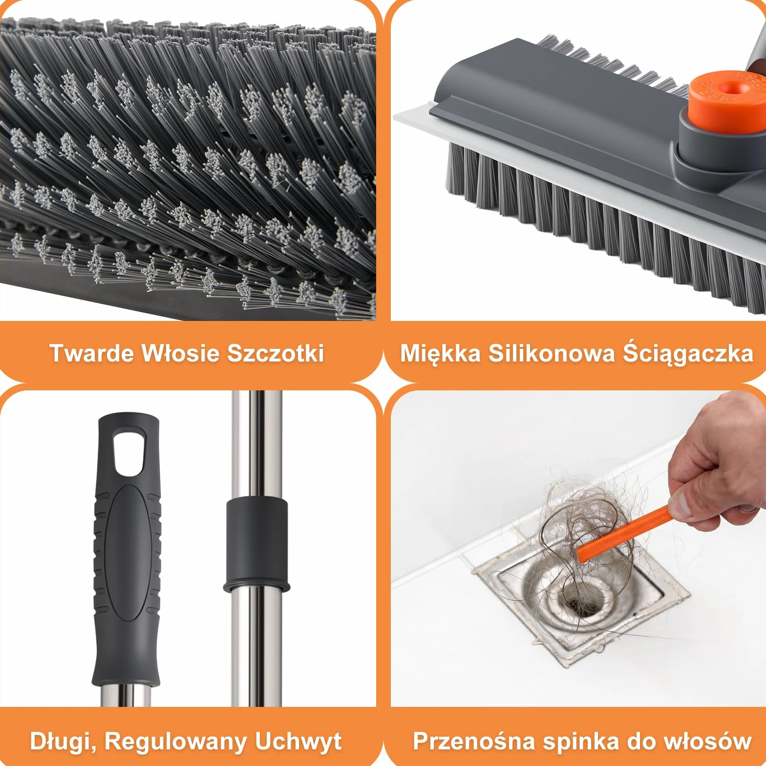 Mitclear Szczotka do Szorowania Podłóg z Długim Uchwytem(122cm), Szczotka do Szorowania 3 w 1 ze Sztywnym Włosiem i Ściągaczką do Szorowania Podłóg w Kuchni, Łazience, Tarasie, Patio, Garażu