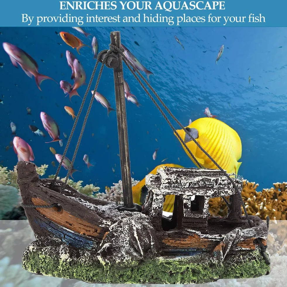 Resin Aquarium Fish Tank Landscape Ornament, Aquarium Artificial High Simulation Shipwreck Decoration Fish Tank Hide House
