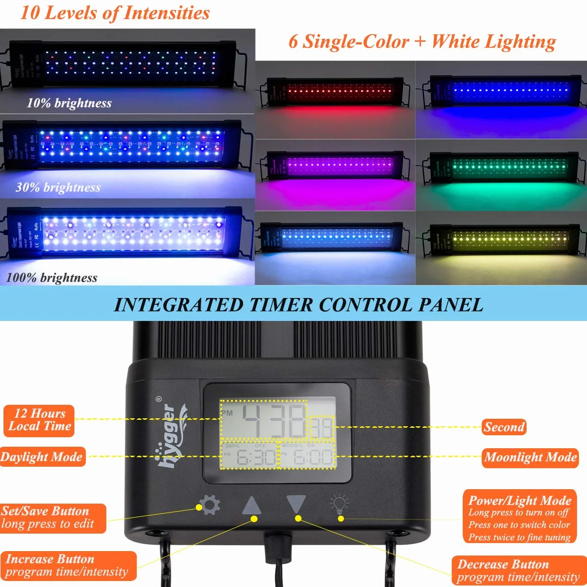 hygger Oświetlenie LED do akwarium, 26 W, pełne spektrum światła do akwarium z ustawieniem LCD, Sunrise Sunset Moon i tryb DIY, regulowany timer, światło do akwarium z 7 kolorami, do akwariów 46-61 cm