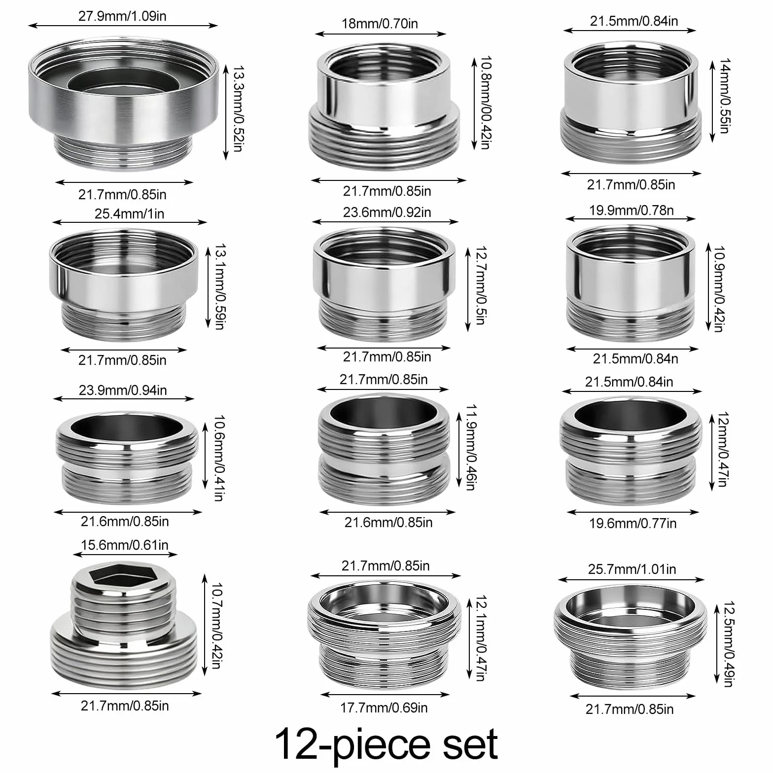 YUE QIN Zestaw 12 adapterów do kranu, M16 na M22, gwint zewnętrzny, podwójne złączki, adapter do kranu z uszczelkami, do kranu kuchennego, regulatora strumienia, filtr wody, umywalka