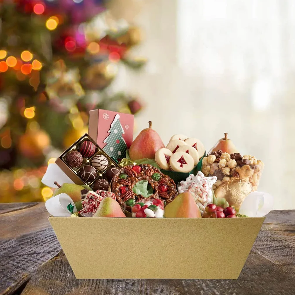 Baskets For Gifts Empty, 6 PCS Sturdy Diy Bulk Gift Basket Kraft Market Tray Cardboard Basket With Handles, Gift Baskets Kit Supplies Wrap To Fill For Birthday Christmas Valentines Thanksgiving