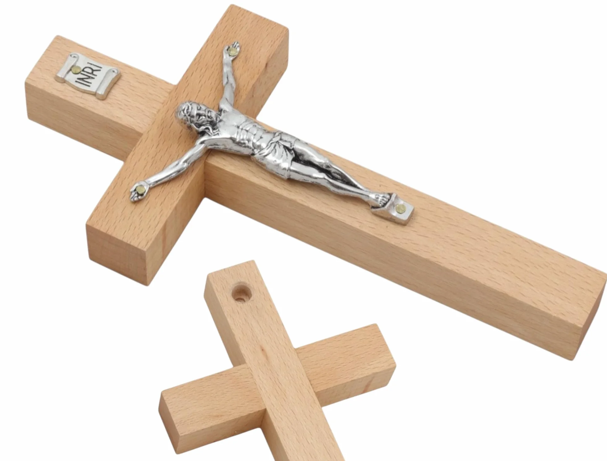 KRZYŻ DREWNIANY bukowy z figurką Jezus MAŁY 18x9cm zawieszenia na ścianę