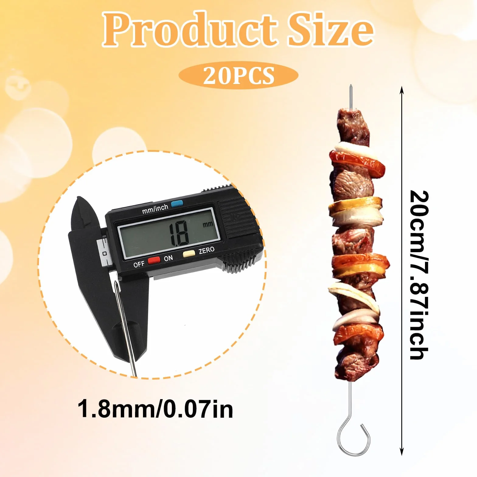 20 sztuk szpikulców do grilla ze stali nierdzewnej, 20 cm, długie szpikulce do szaszłyków, akcesoria do grilla, na imprezy grillowe na świeżym powietrzu i w ogrodzie