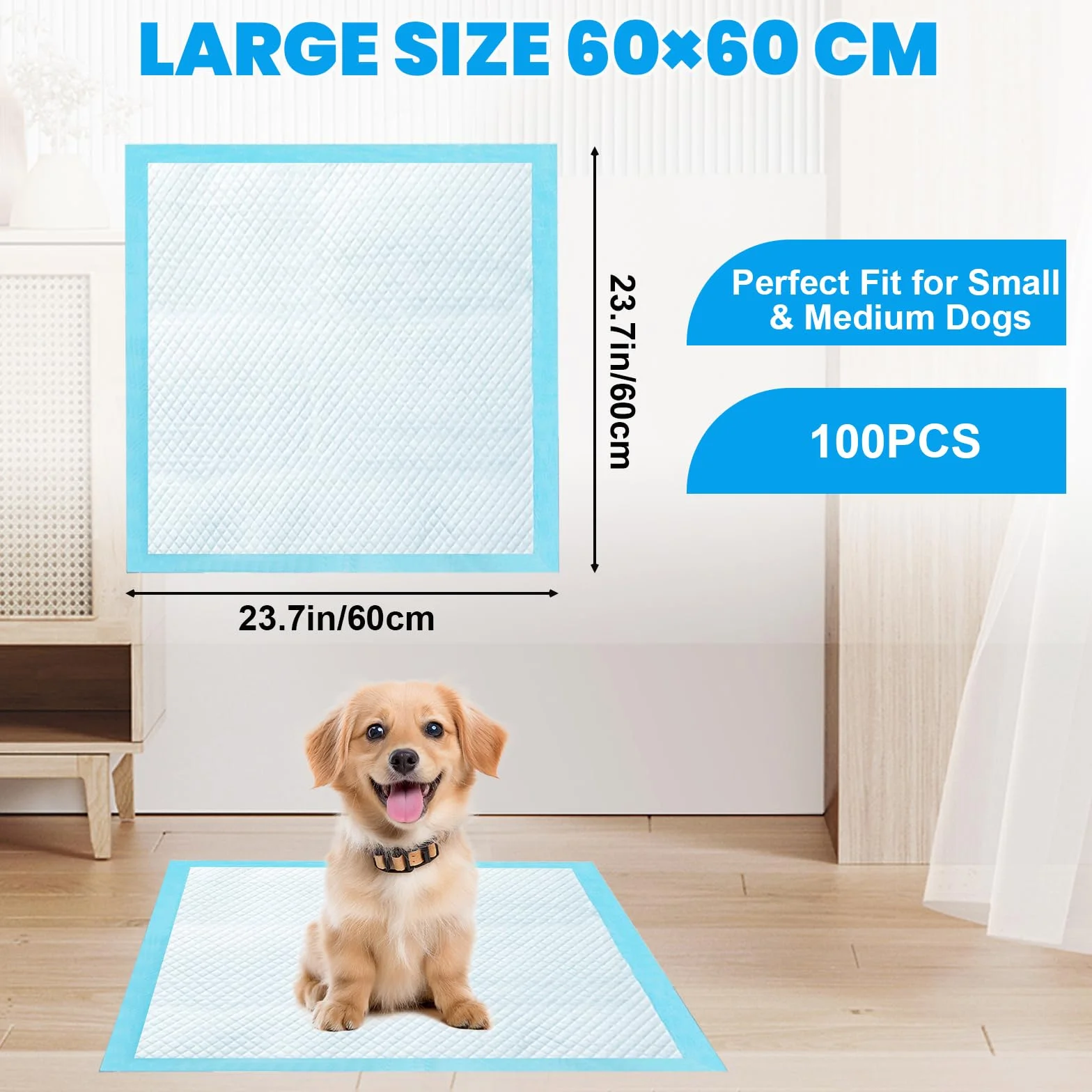 Podkładki treningowe dla psów 60 x 60 cm – 100 sztuk jednorazowych podkładek, 6-warstwowe maty PIPI dla szczeniaków i psów, bardzo chłonne, szczelne i neutralne zapachowo, niebieskie