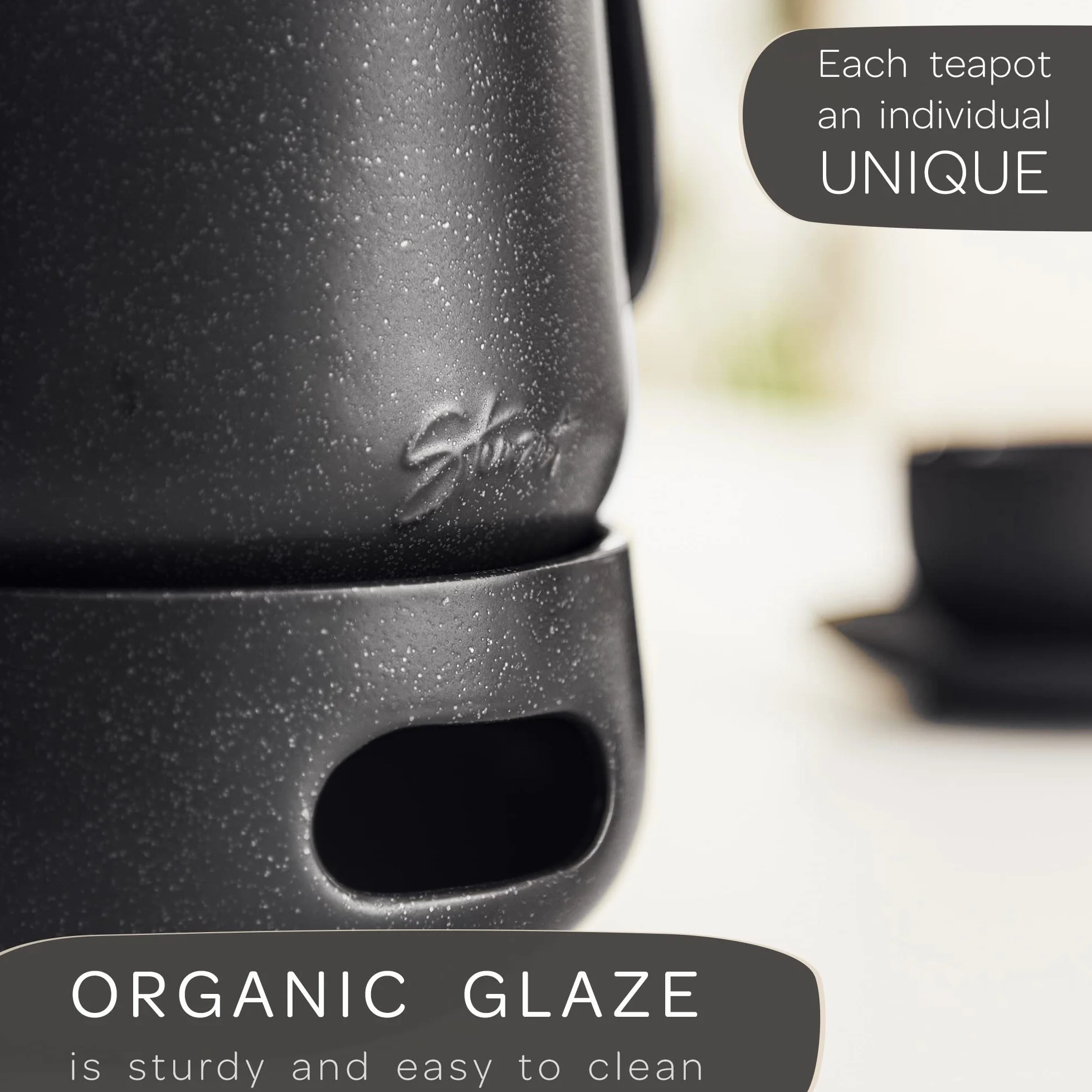 STEINZEIT Designerski dzbanek do herbaty z podgrzewaczem (1,3 l) – z sitkiem ze stali nierdzewnej 304 – ceramiczny z unikalną glazurą wyjmowany z sitkiem, czarny